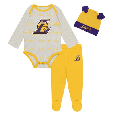 Los Angeles Lakers Outerstuff Newborn & Infant Pinch Post Bodysuit, Pants & Cuffed Knit Hat Set