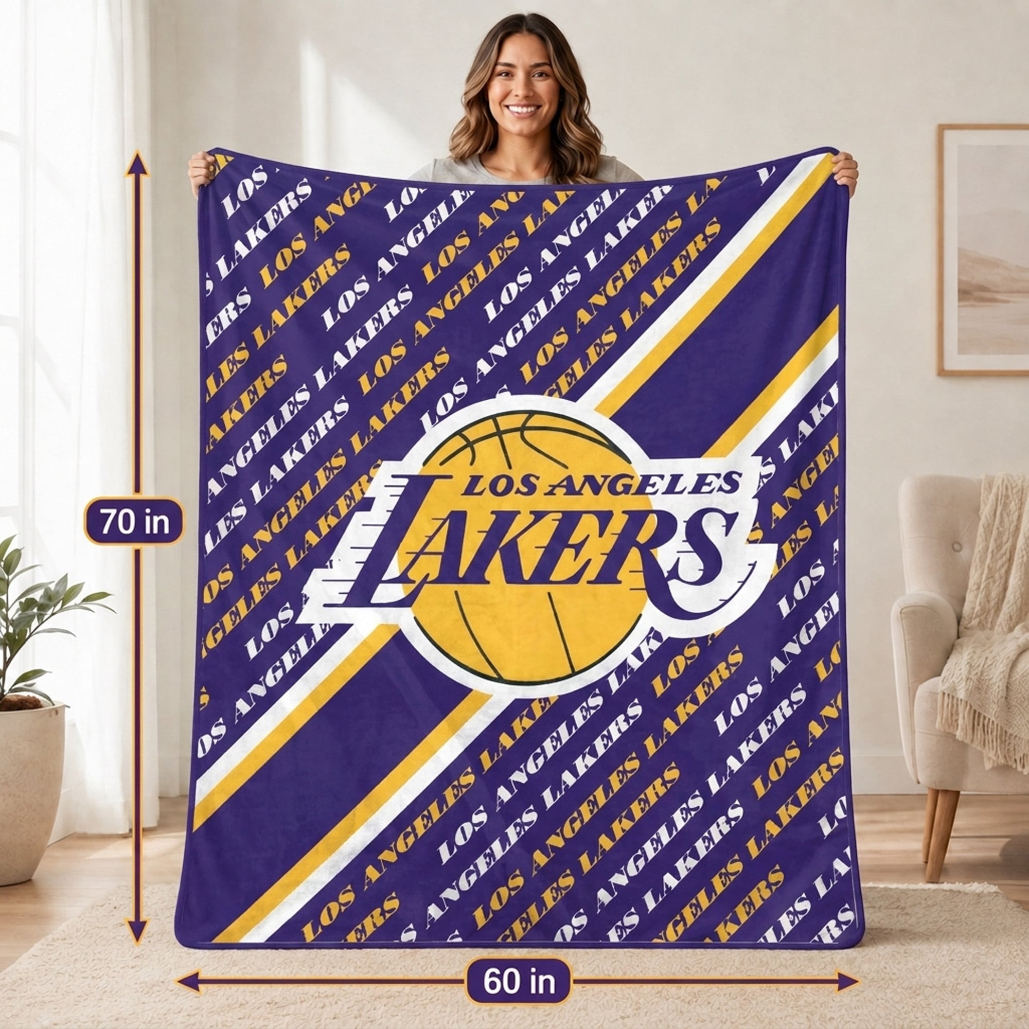 Couverture ultra douce Pegasus Los Angeles Lakers, 152 x 178 cm (diagonale), doublée, avec logo.