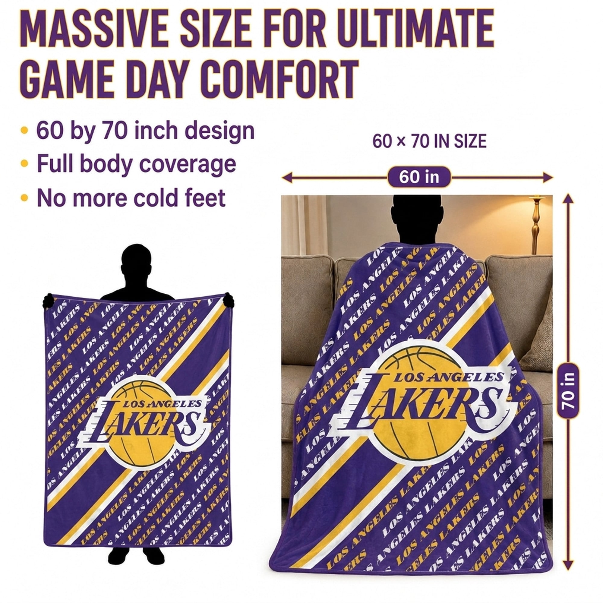 Couverture ultra douce Pegasus Los Angeles Lakers, 152 x 178 cm (diagonale), doublée, avec logo.