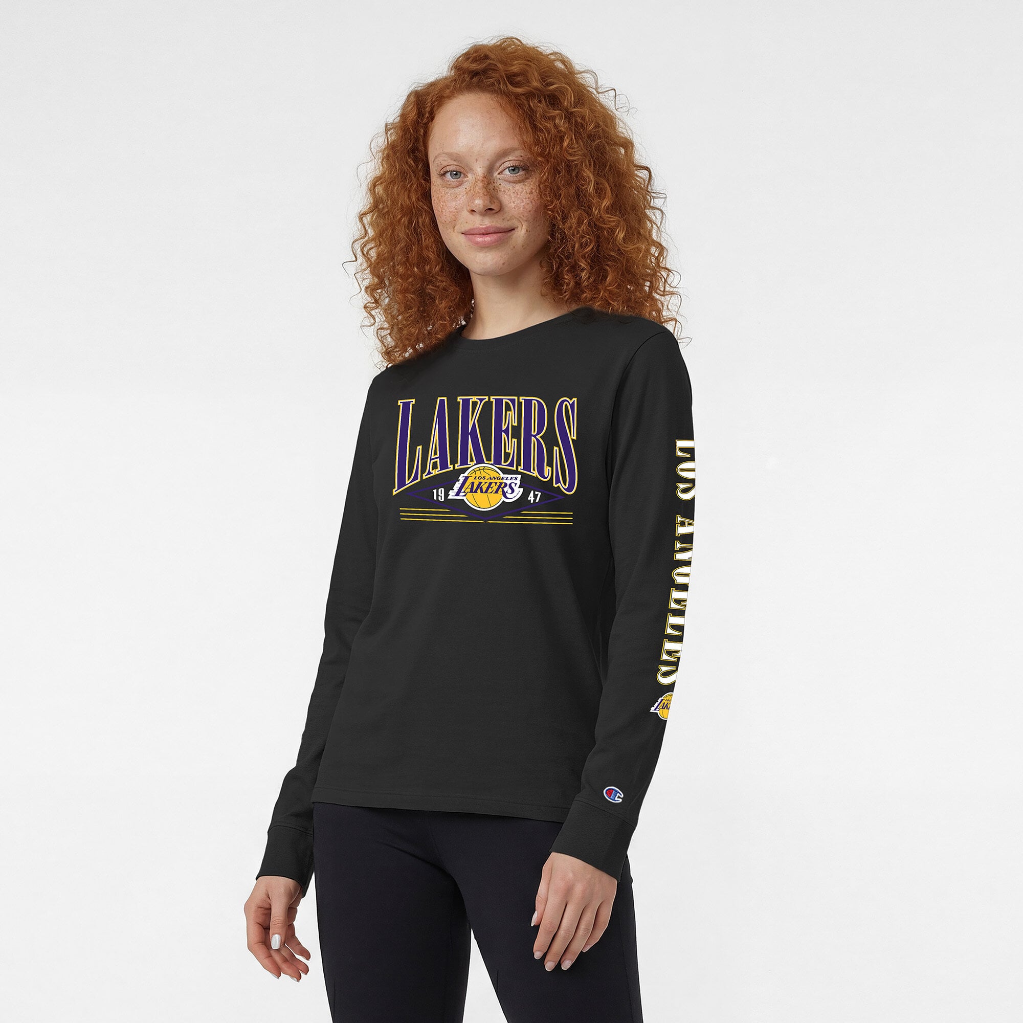 T-shirt à manches longues noir Champion Los Angeles Lakers pour femmes