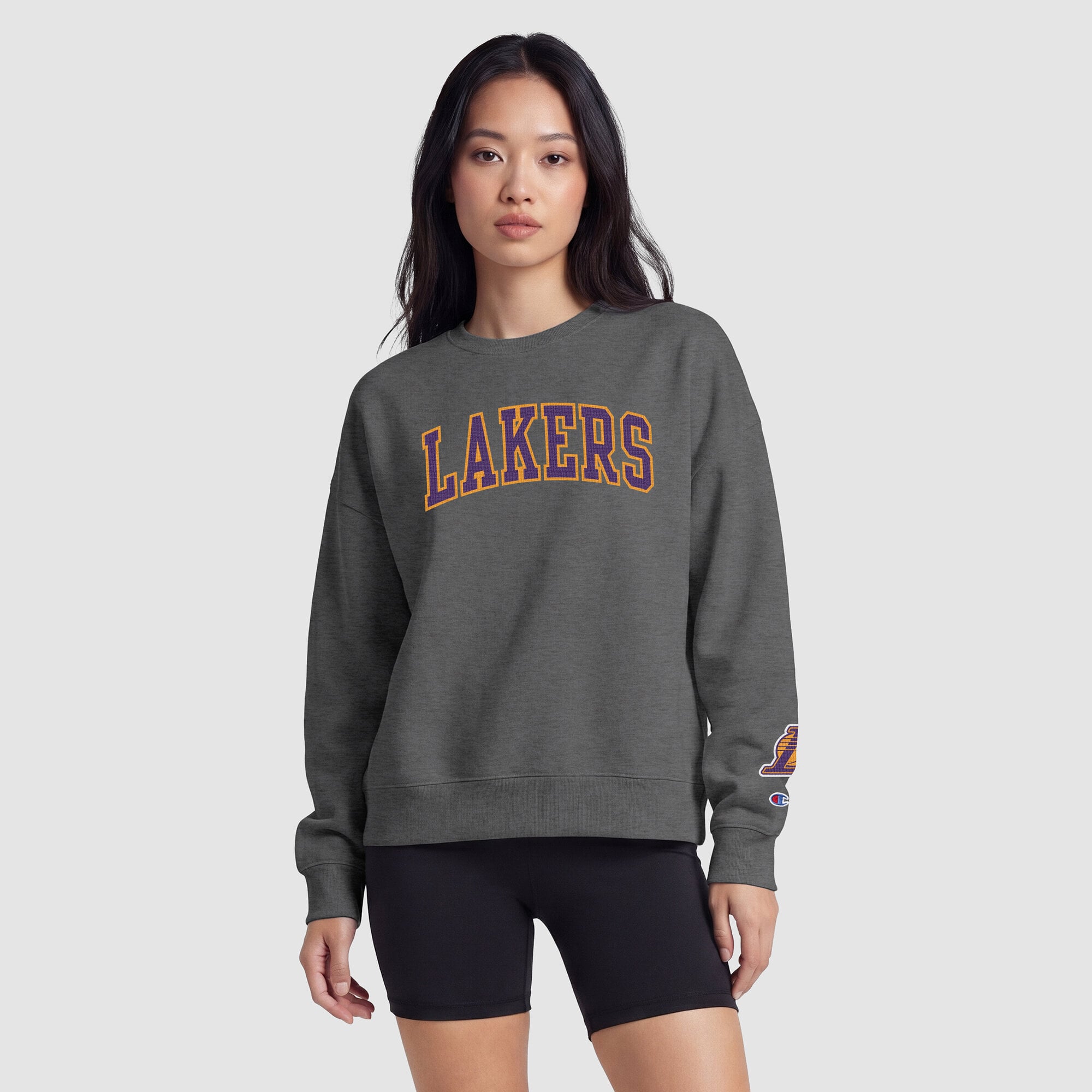 Sweat-shirt à col rond contrasté gris chiné Champion pour femme, Los Angeles Lakers