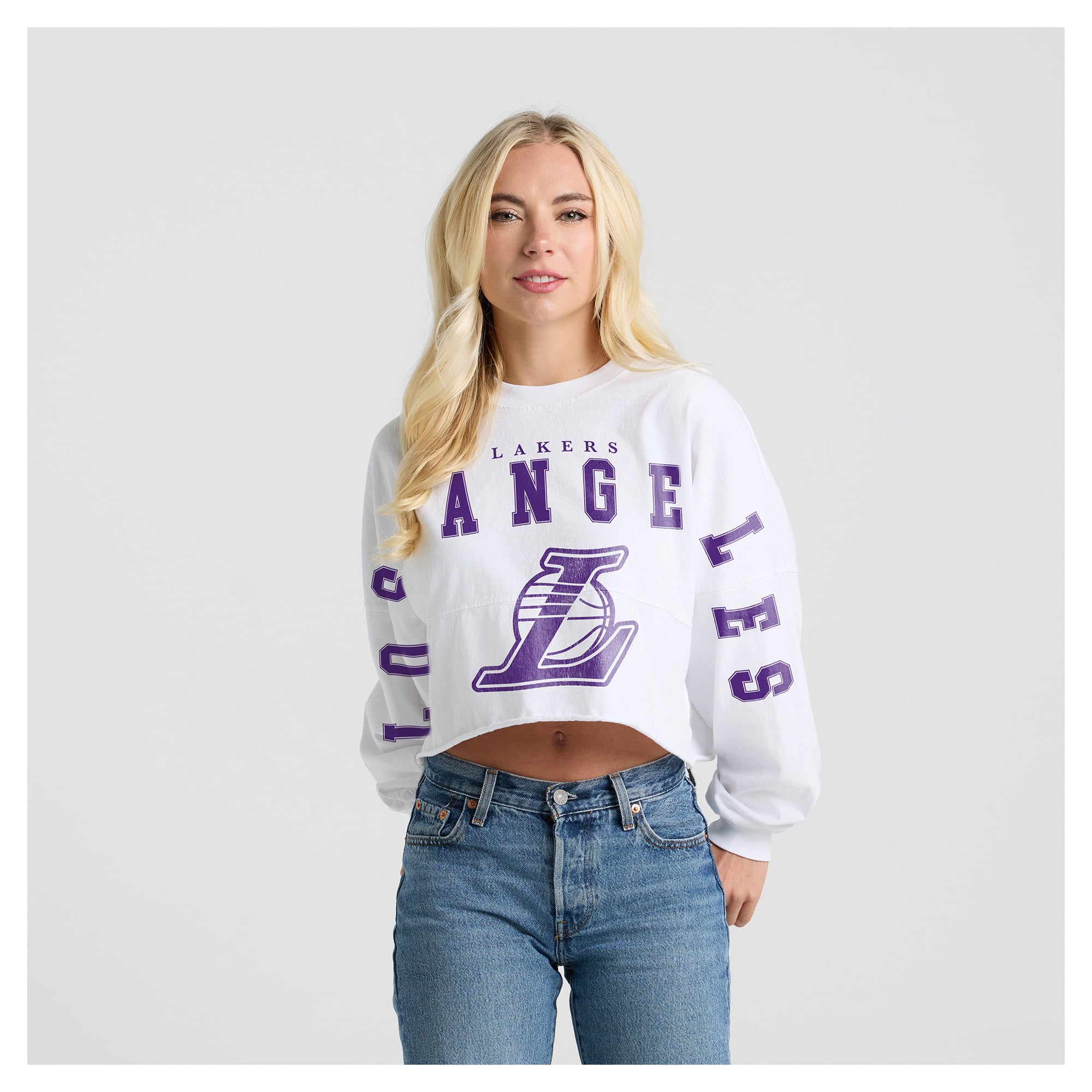 Women's Fanatics White Los Angeles Lakers Spirit Jersey Cropped Crew Neck Sweatshirt