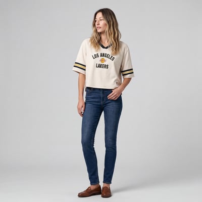  Los Angeles Lakers Mitchell & Ness Women's Hardwood Classics Retro Roots Cropped Boxy Yoke T-Shirt - Cream