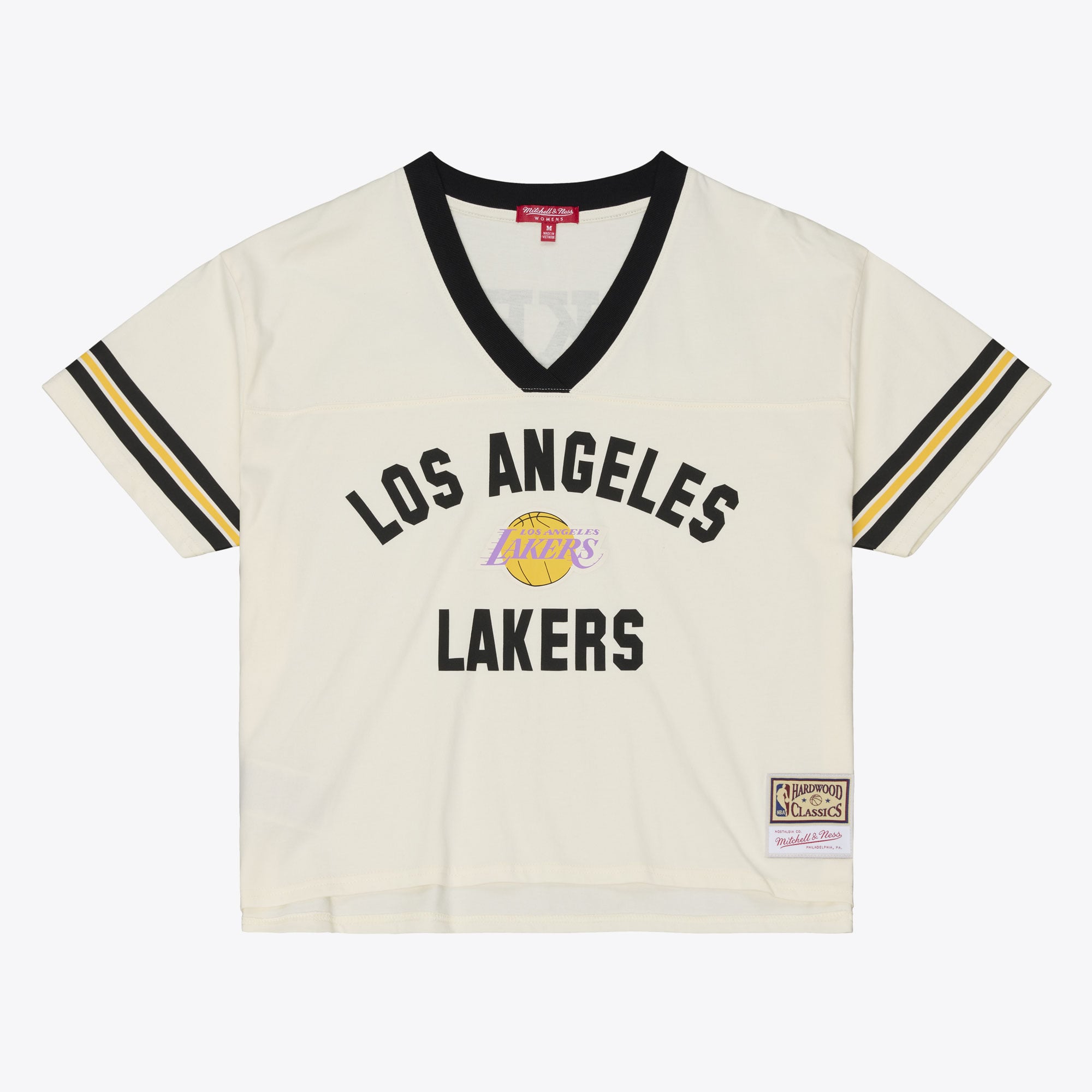 T-shirt Mitchell & Ness crème pour femme, Los Angeles Lakers Retro Roots Hardwood Classics, coupe courte carrée et col en V