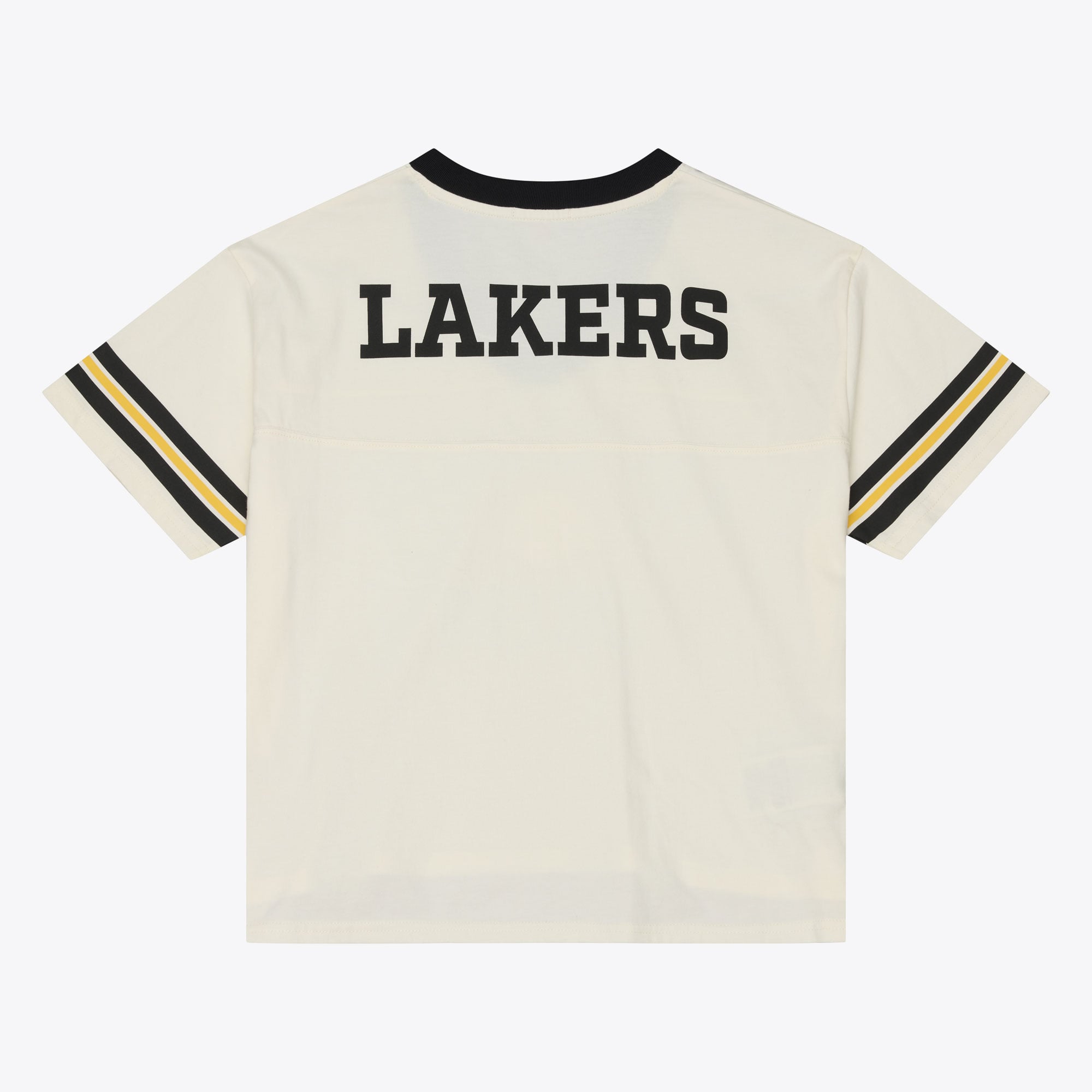 T-shirt Mitchell & Ness crème pour femme, Los Angeles Lakers Retro Roots Hardwood Classics, coupe courte carrée et col en V