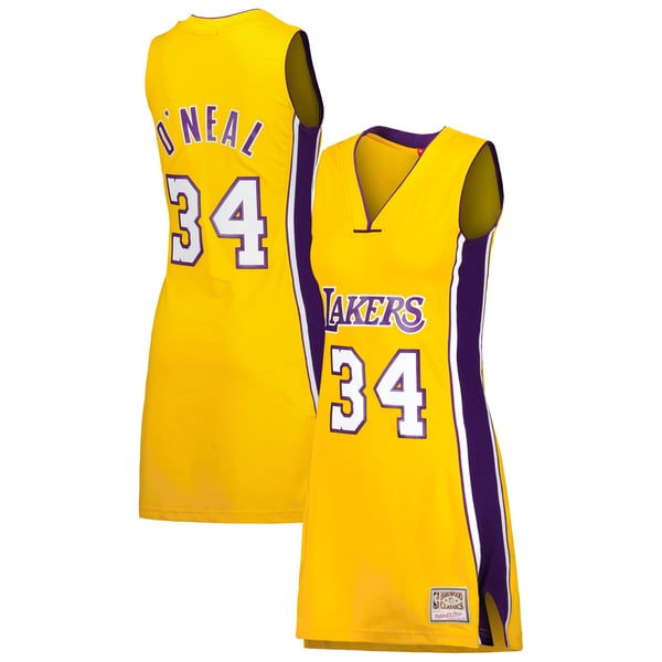 lakers jersey dress 90s Women's Mitchell & Ness Shaquille O'Neal Gold Los Angeles 1999 Hardwood Classics Name & Number Player hip hop 90s jersey outfit