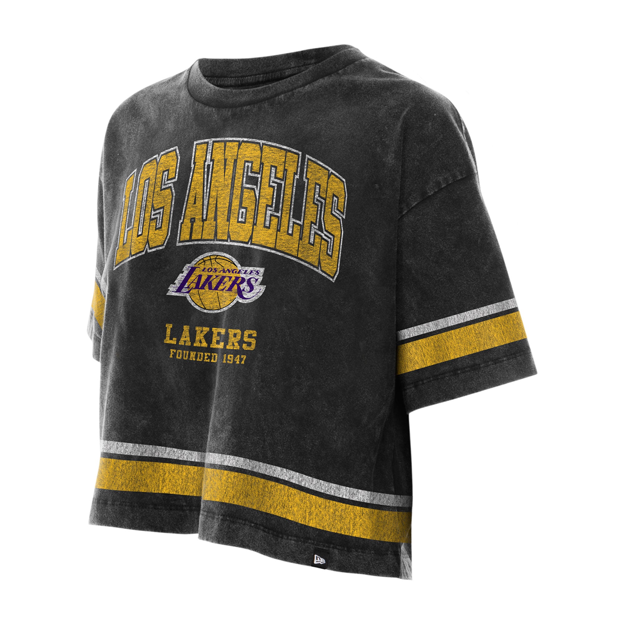 T-shirt court noir New Era Los Angeles Lakers pour femme, coupe carrée, délavage minéral