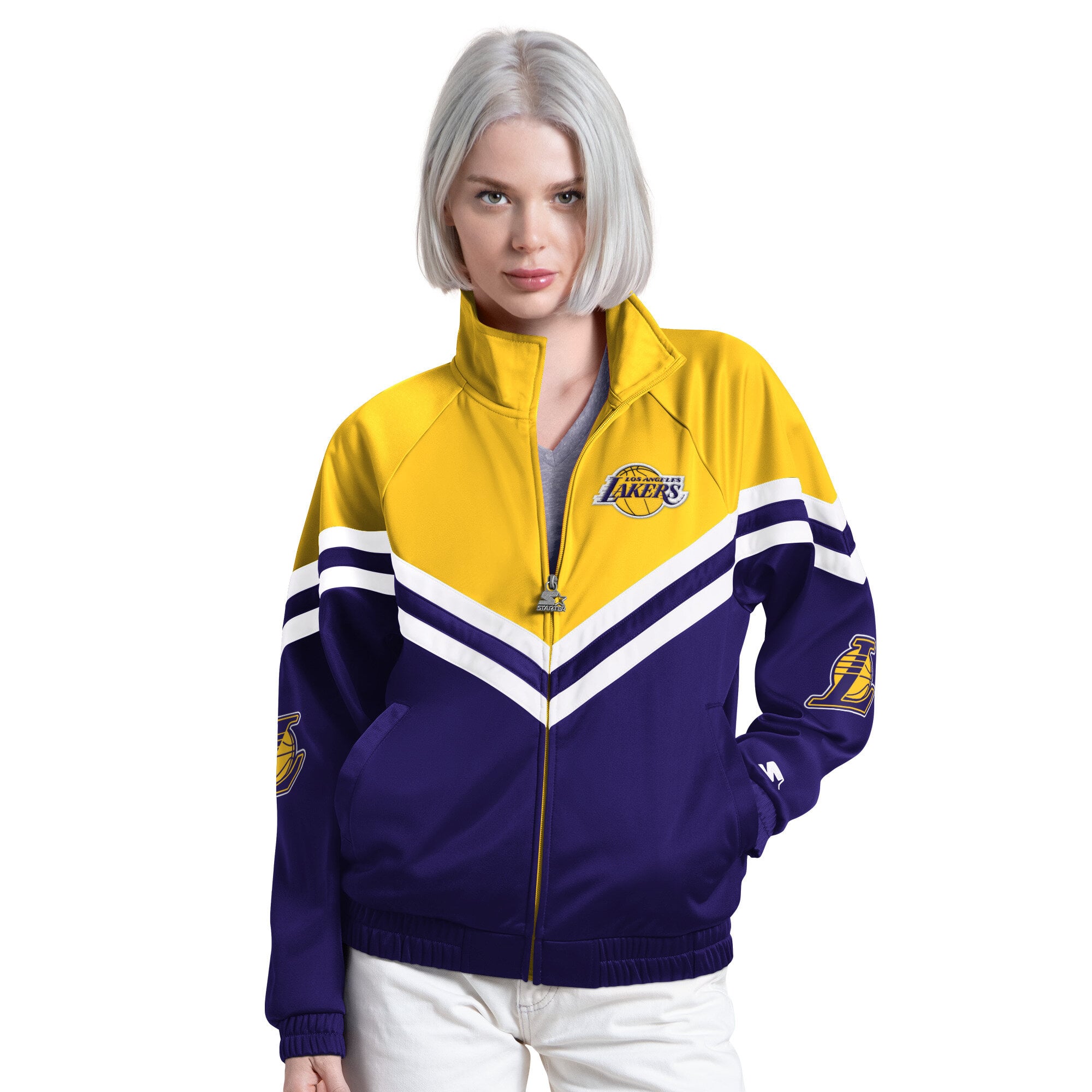 Veste de survêtement raglan zippée Starter violette pour femme, aux couleurs du fan club des Lakers Los Angeles.