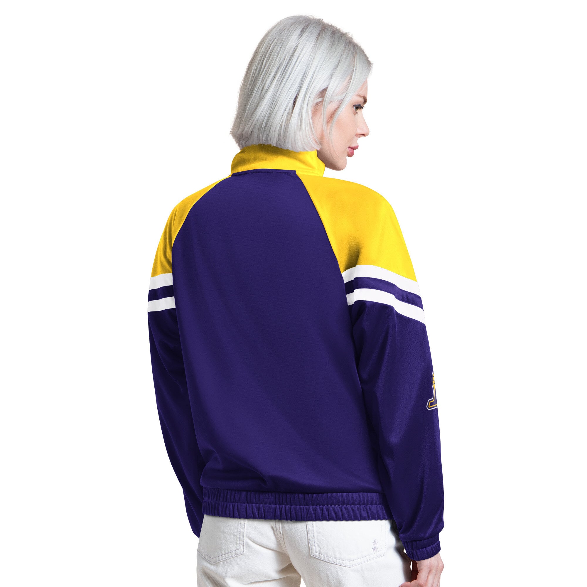 Veste de survêtement raglan zippée Starter violette pour femme, aux couleurs du fan club des Lakers Los Angeles.