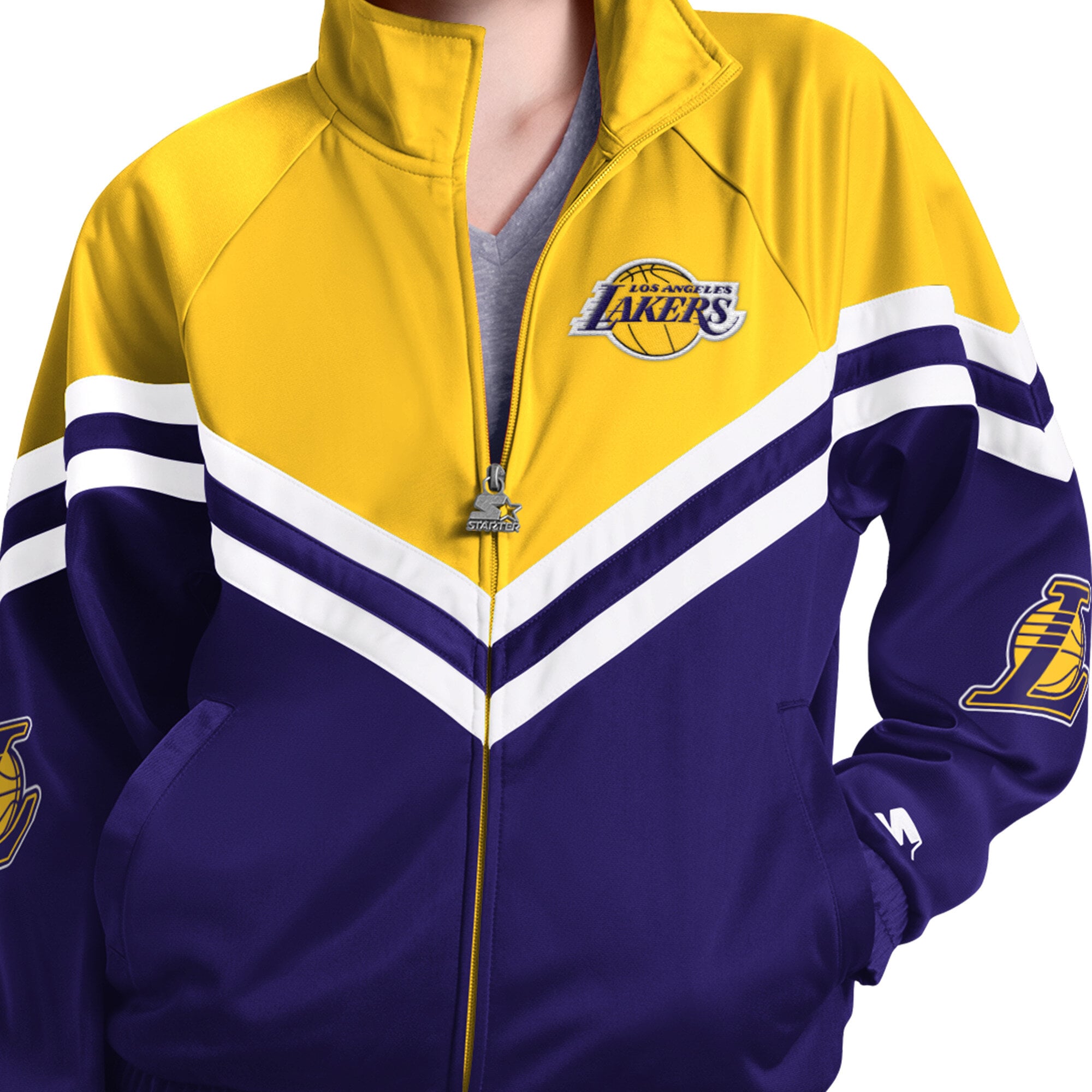 Veste de survêtement raglan zippée Starter violette pour femme, aux couleurs du fan club des Lakers Los Angeles.