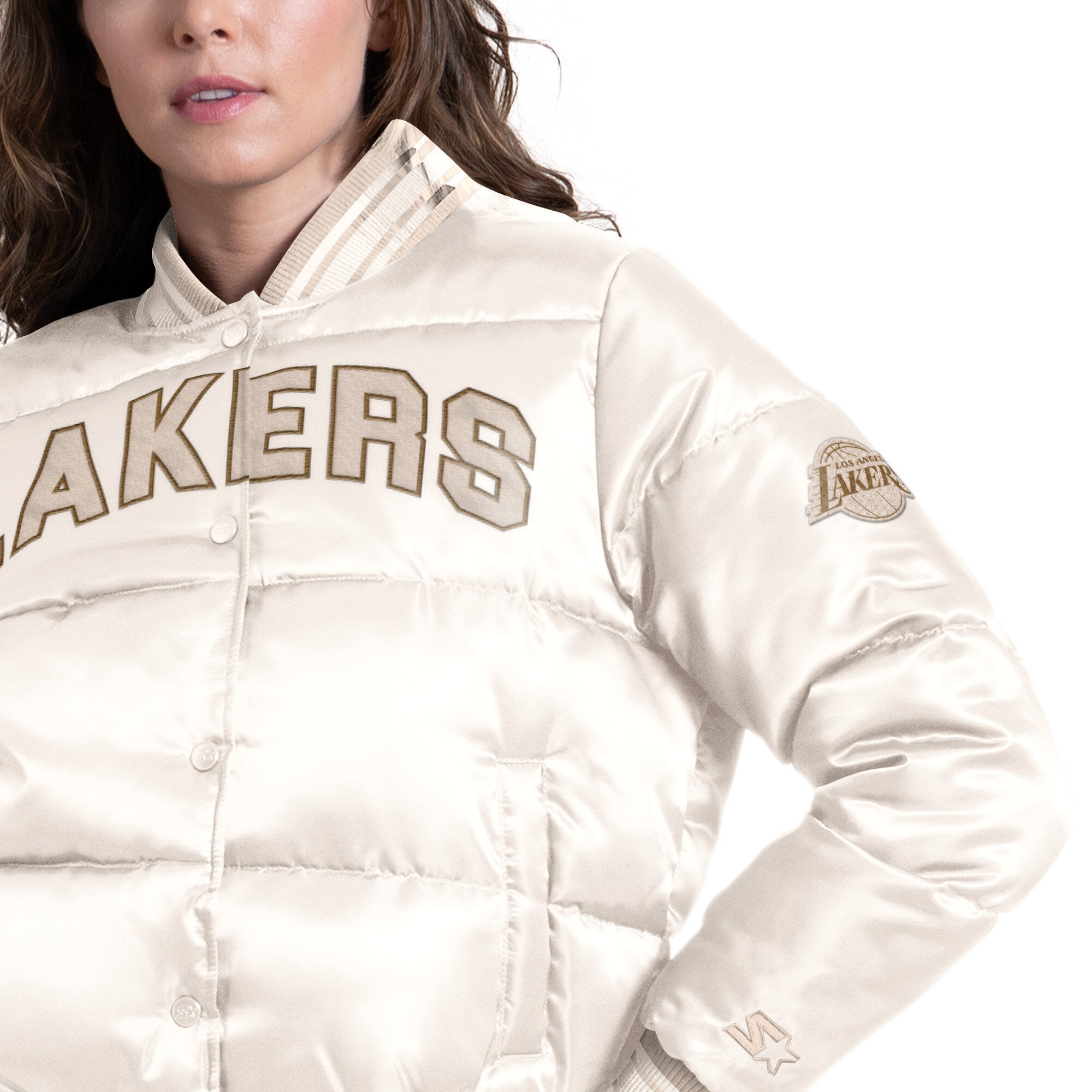 Doudoune courte Starter blanche Los Angeles Lakers pour femme, à boutons-pression.