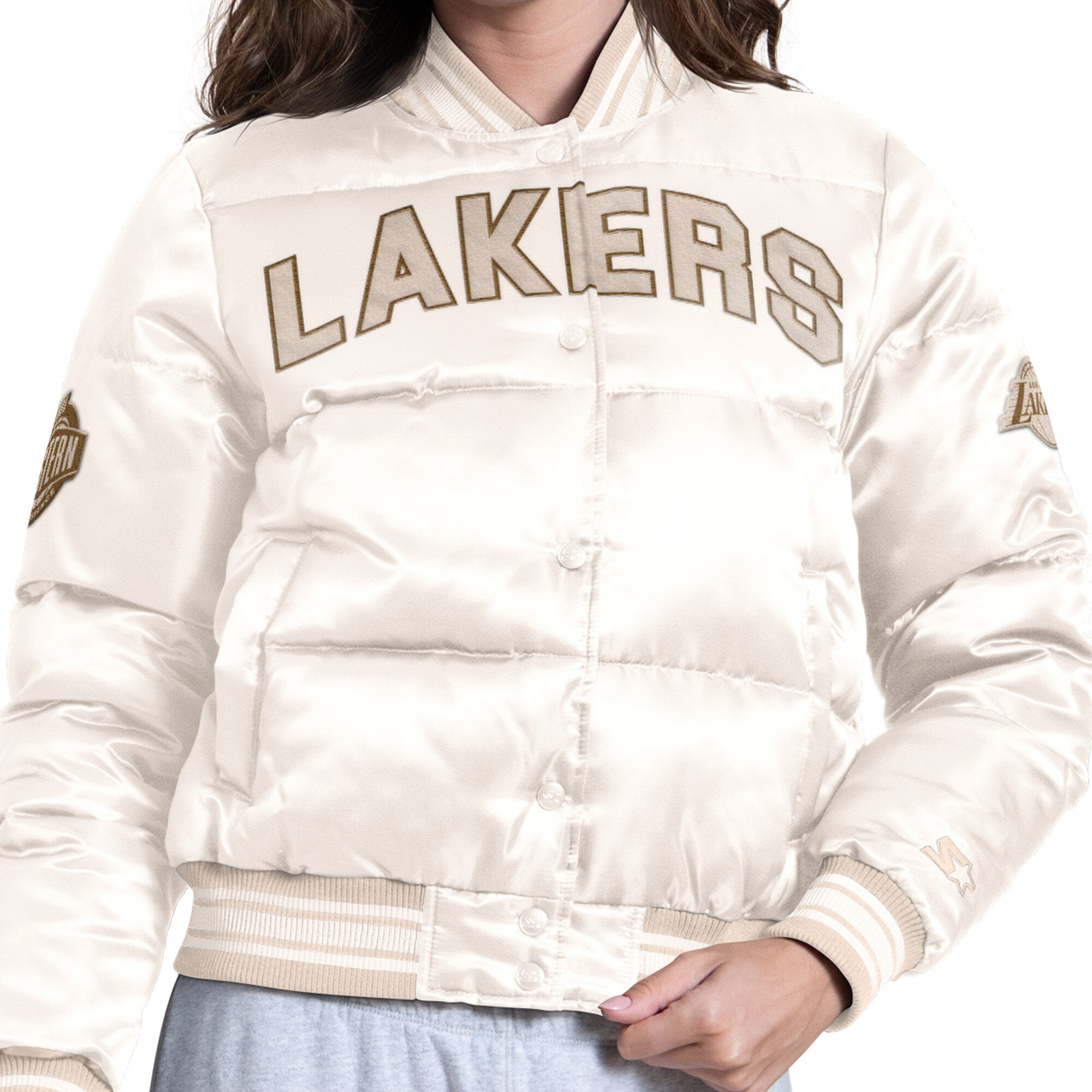 Doudoune courte Starter blanche Los Angeles Lakers pour femme, à boutons-pression.