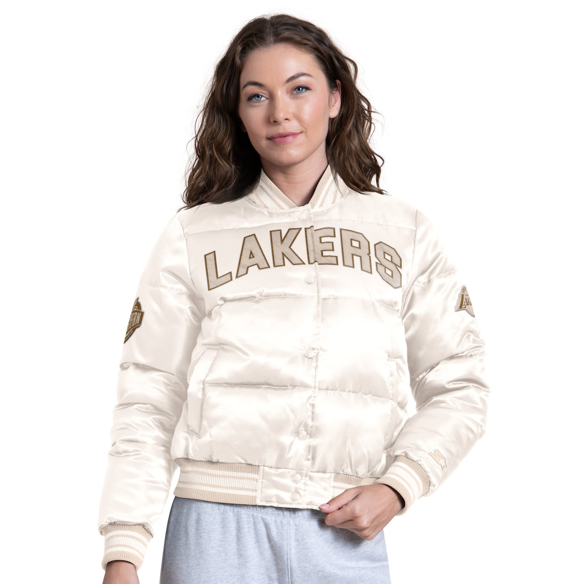 Doudoune courte Starter blanche Los Angeles Lakers pour femme, à boutons-pression.