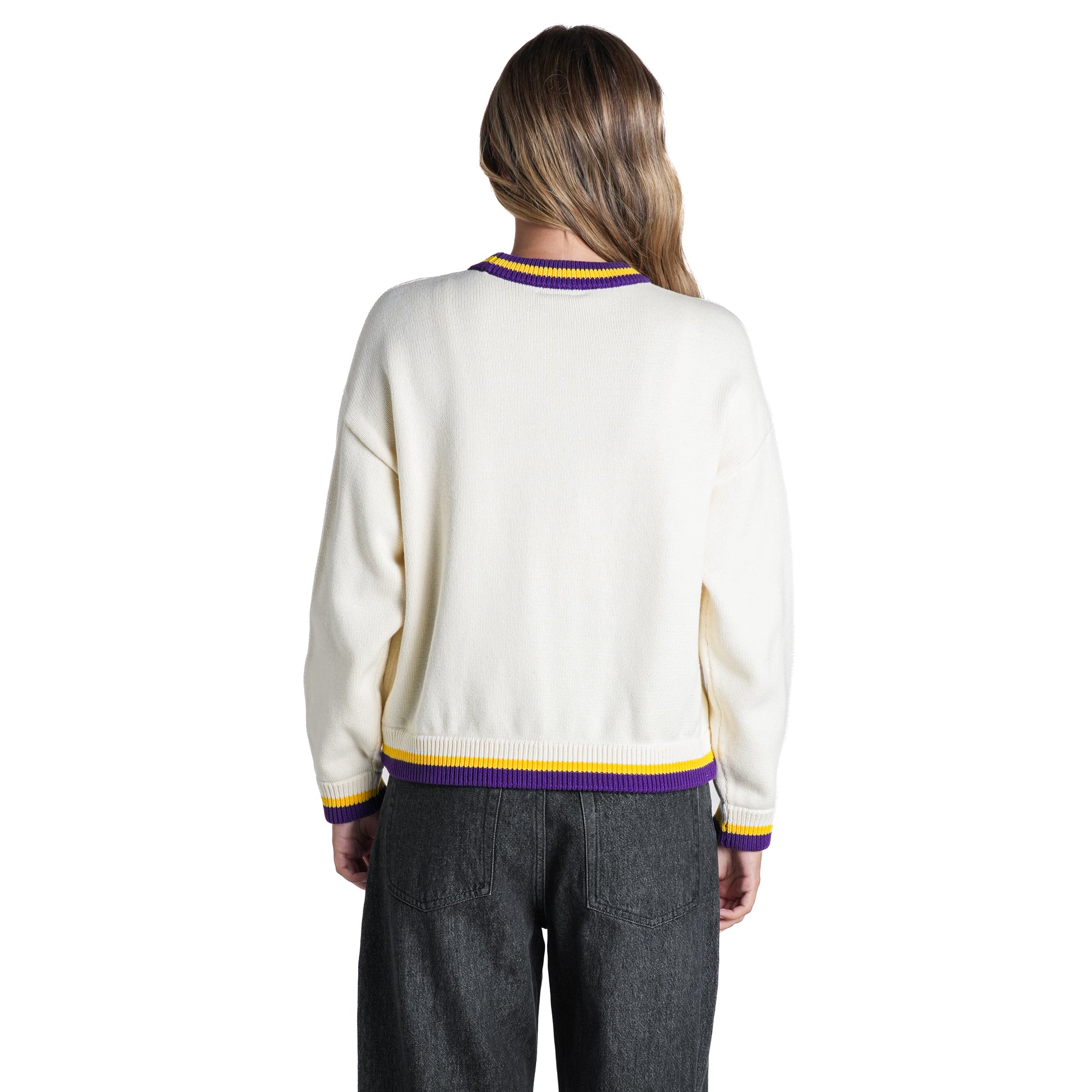 Pull jacquard à col rond crème The Wild Collective pour femme, Los Angeles Lakers.