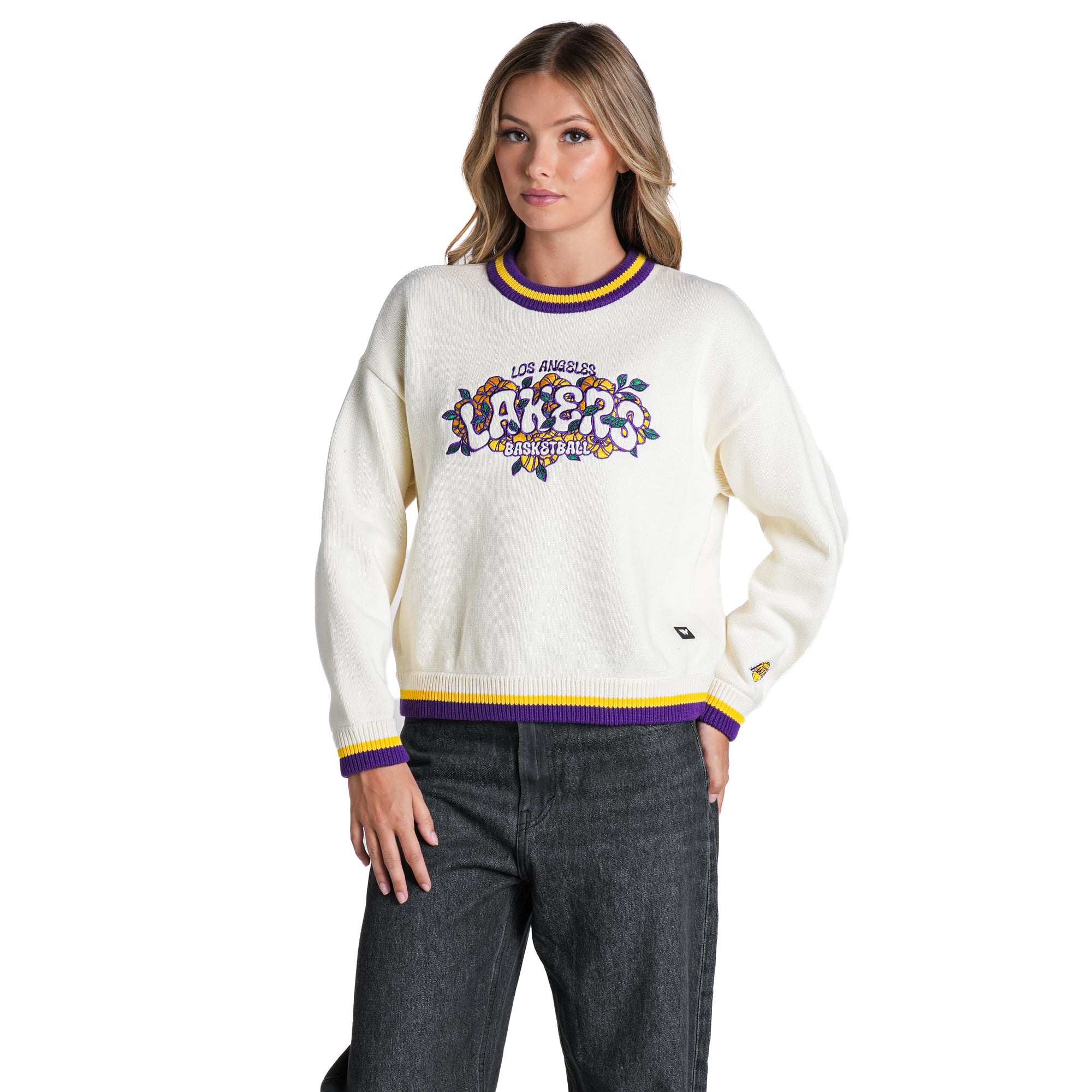 Pull jacquard à col rond crème The Wild Collective pour femme, Los Angeles Lakers.