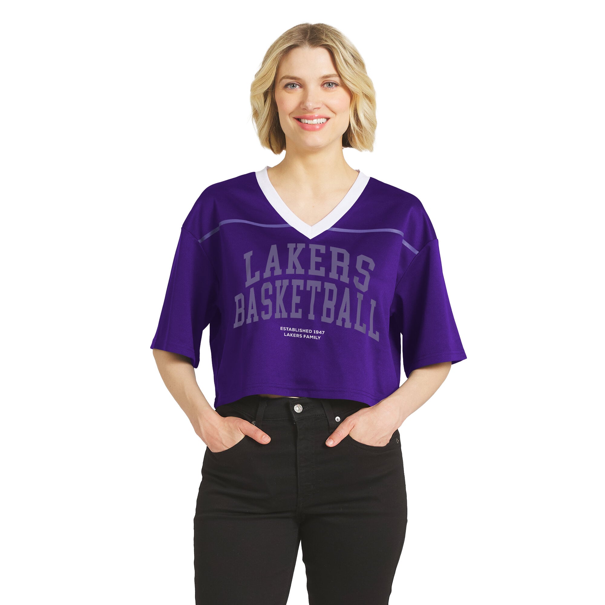 T-shirt court violet Los Angeles Lakers pour femmes de la marque WEAR by Erin Andrews