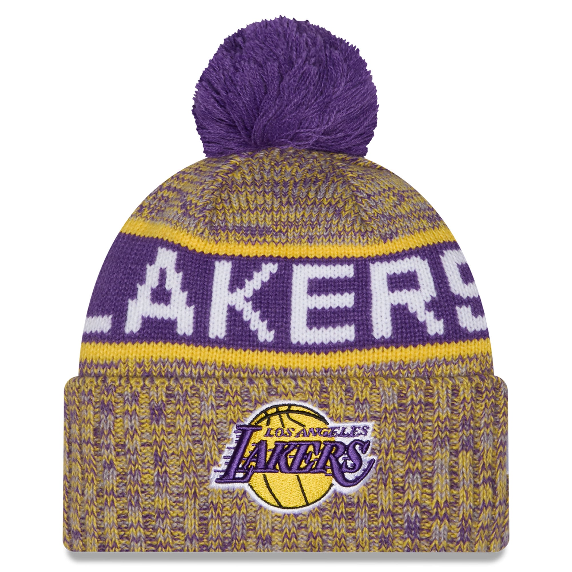 Bonnet à revers tricolore doré Los Angeles Lakers pour enfant, avec pompon, de la marque New Era.