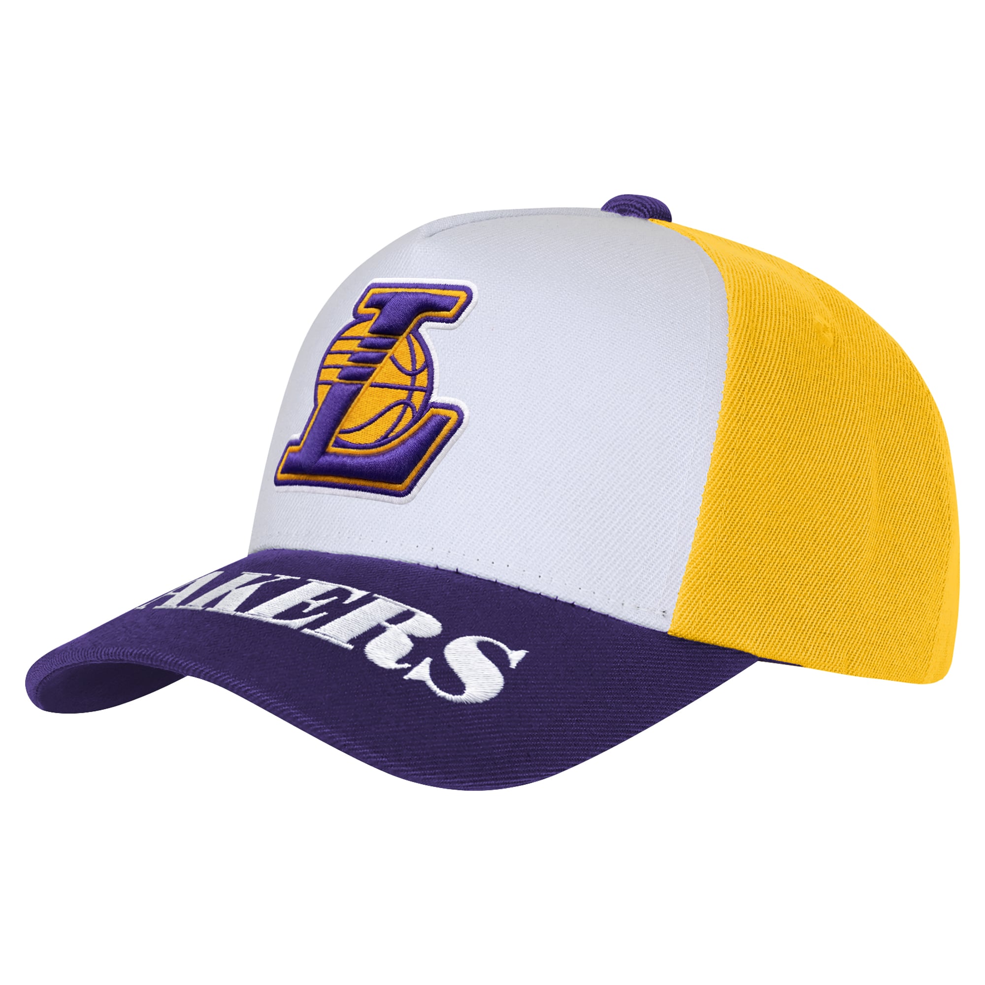 Youth Outerstuff White/Purple Los Angeles Lakers Logo Three Pro Pinch Pre-Curved Adjustable Hat