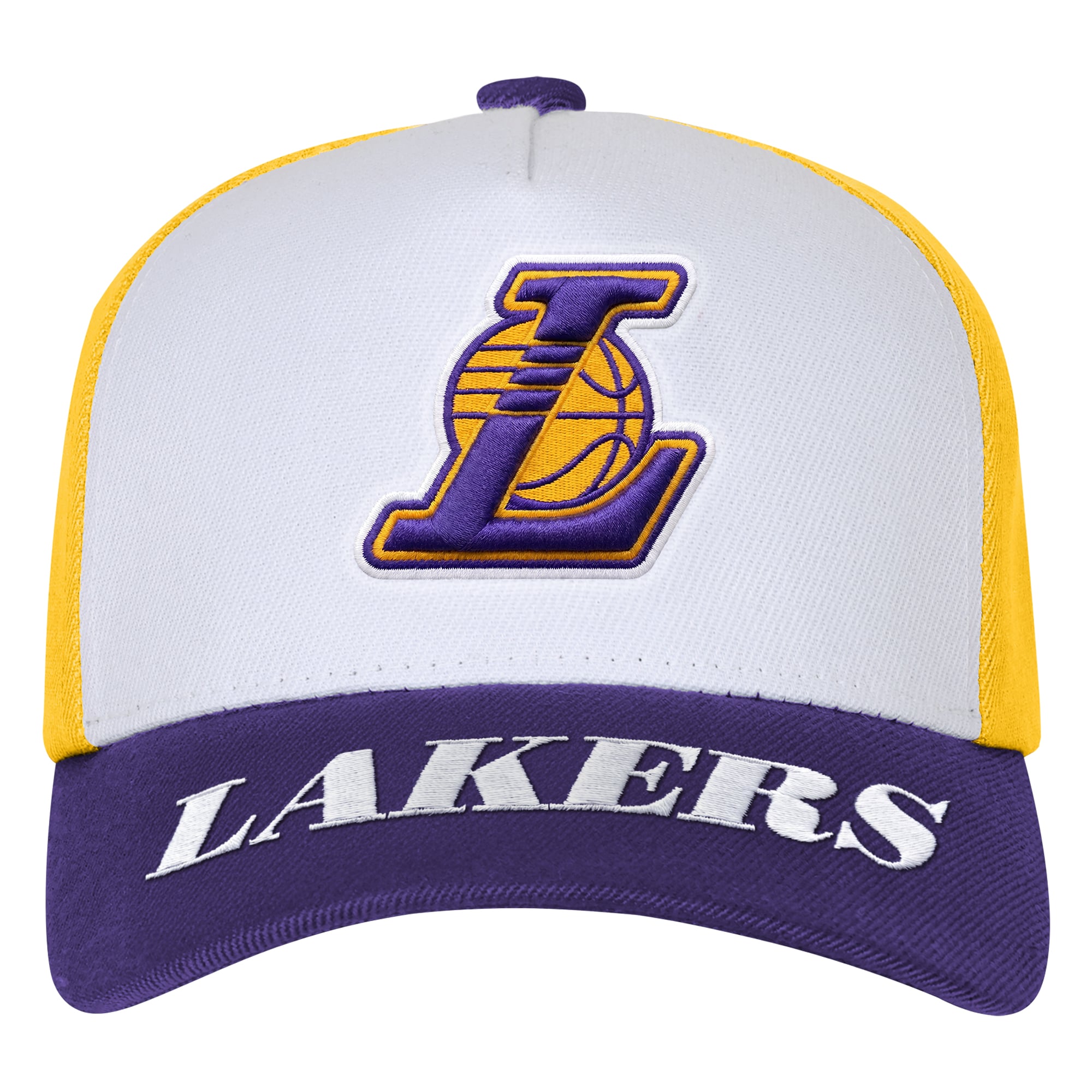 Casquette Youth Outerstuff blanche/violette avec logo des Los Angeles Lakers, modèle Three Pro Pinch pré-courbé et ajustable