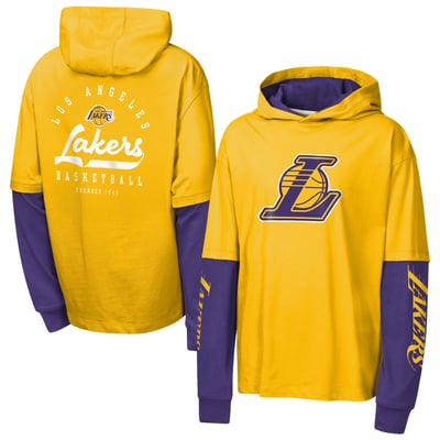 Los Angeles Lakers Outerstuff Youth Double Nickel Oversized Faux 2fer Pullover Hoodie - Yellow
