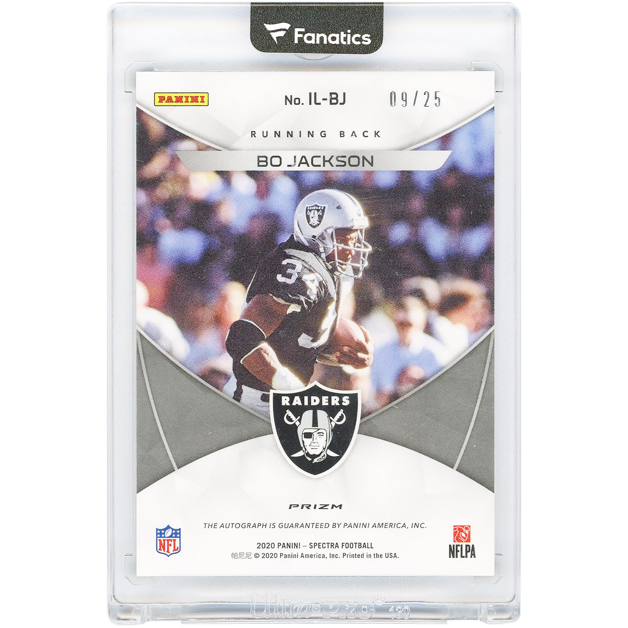 Bo Jackson Los Angeles Raiders Autographed 2020 Panini Spectra Illustrious Legends #IL-BJ #9/25 Card