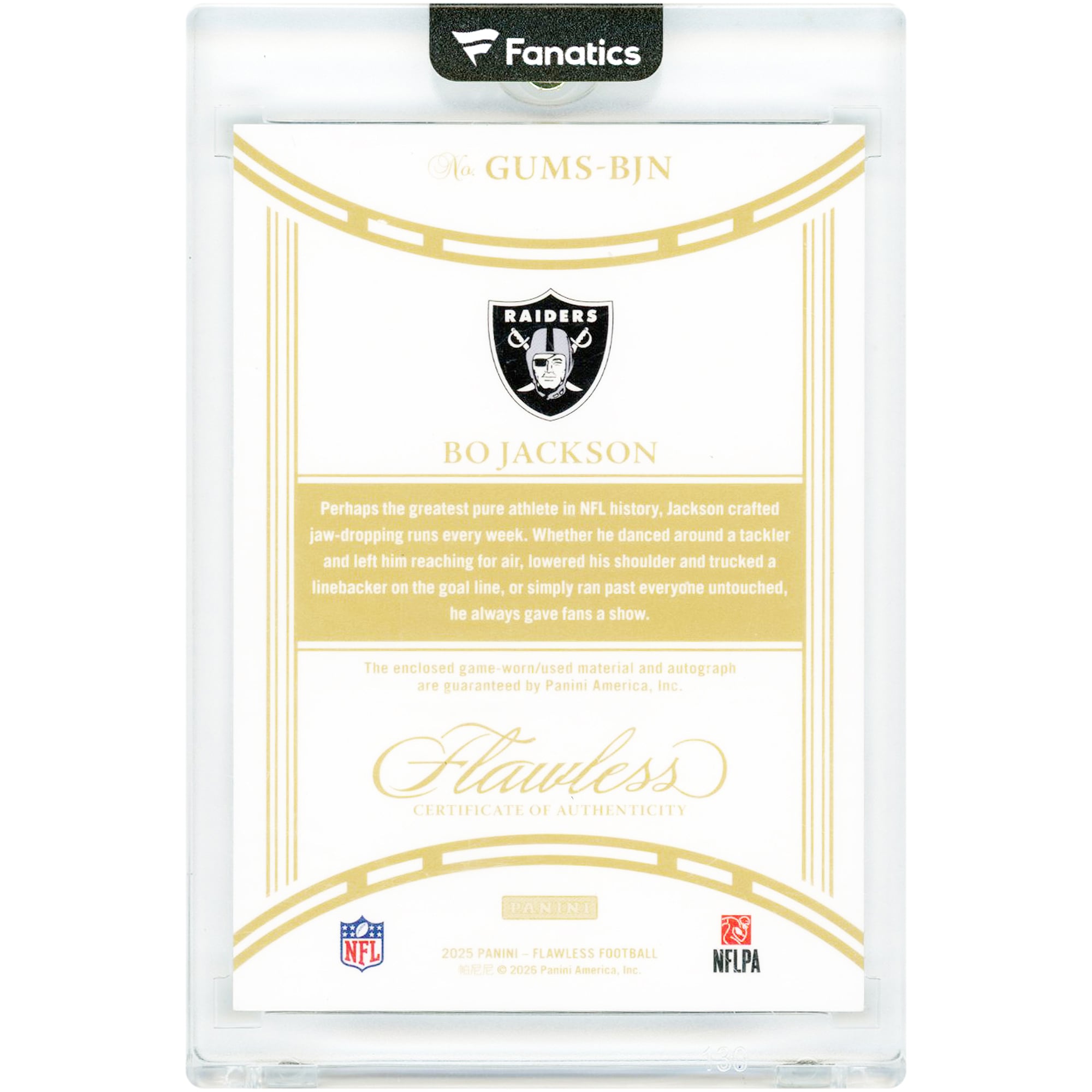 Bo Jackson Los Angeles Raiders Autographed 2025 Panini Flawless Ruby Dual Game Used Jersey Relics #GUMS-BJN #3/10 Card
