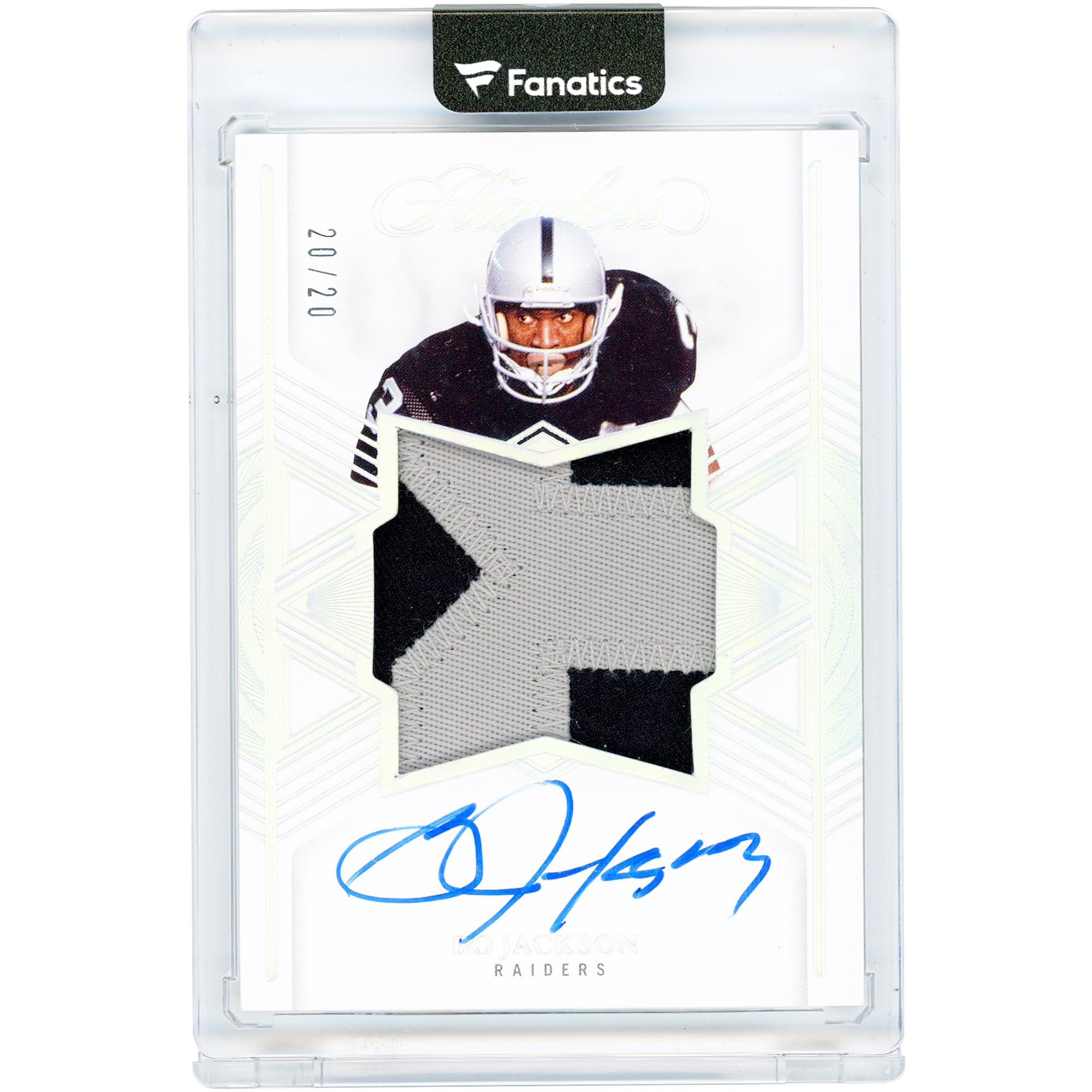 Bo Jackson Los Angeles Raiders Autographed 2025 Panini Flawless Star Swatch Signatures Silver #SSS-BJN #20/20 Card