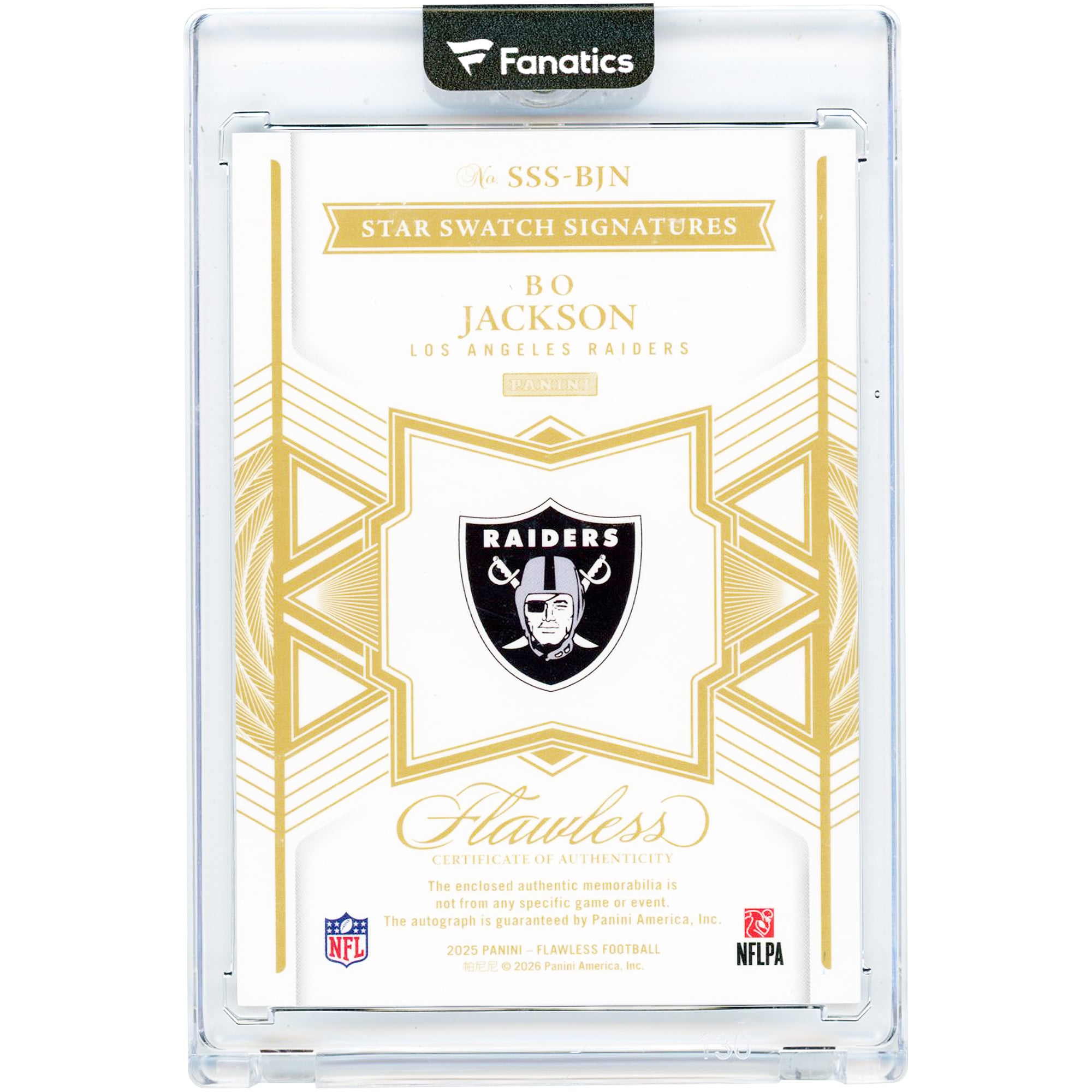 Bo Jackson Los Angeles Raiders Autographed 2025 Panini Flawless Star Swatch Signatures Silver #SSS-BJN #20/20 Card