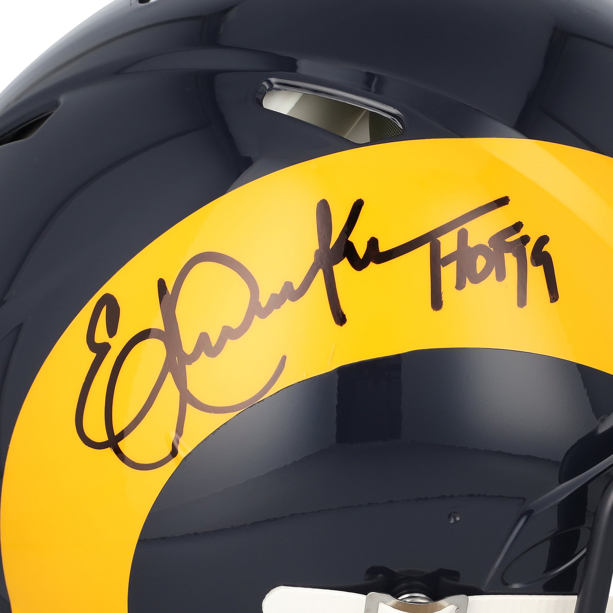 Casque Riddell Speed ​​Authentic rétro 1981-1999 autographié par Eric Dickerson, joueur des Rams de Los Angeles, avec inscription « HOF 99 ».