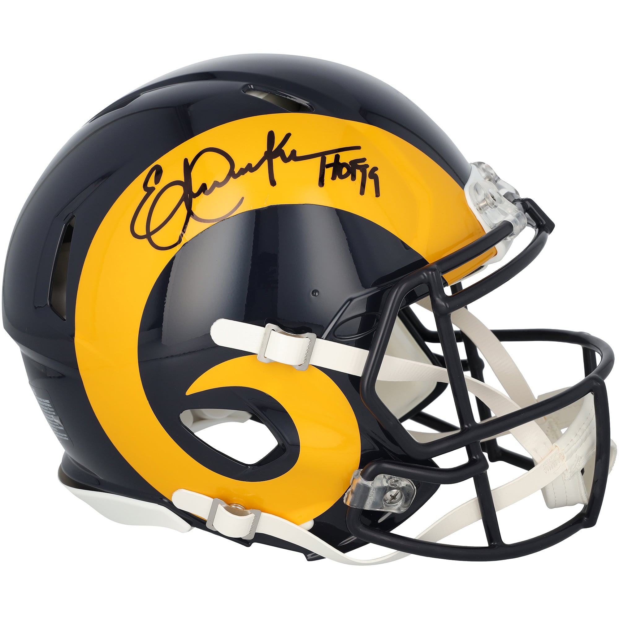 Casque Riddell Speed ​​Authentic rétro 1981-1999 autographié par Eric Dickerson, joueur des Rams de Los Angeles, avec inscription « HOF 99 ».