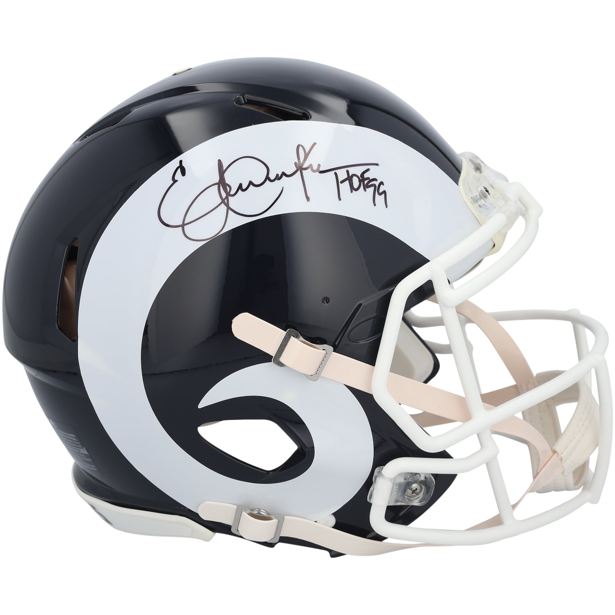 Casque Riddell Speed ​​Authentic rétro 2017-2019 autographié par Eric Dickerson, joueur des Rams de Los Angeles, avec inscription « HOF 99 ».