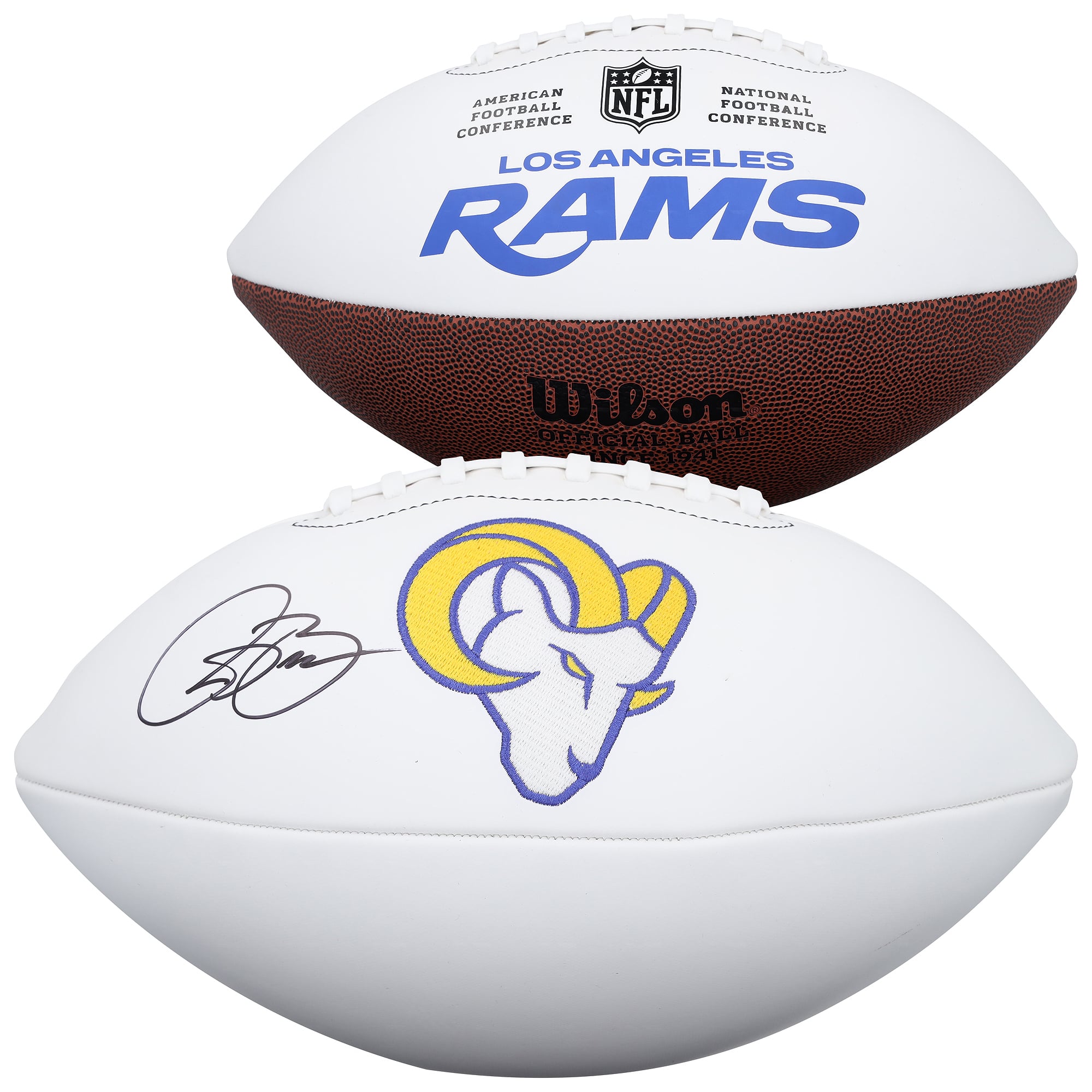 Ballon de football Wilson à panneau blanc autographié par Isaac Bruce, joueur des Rams de Los Angeles.