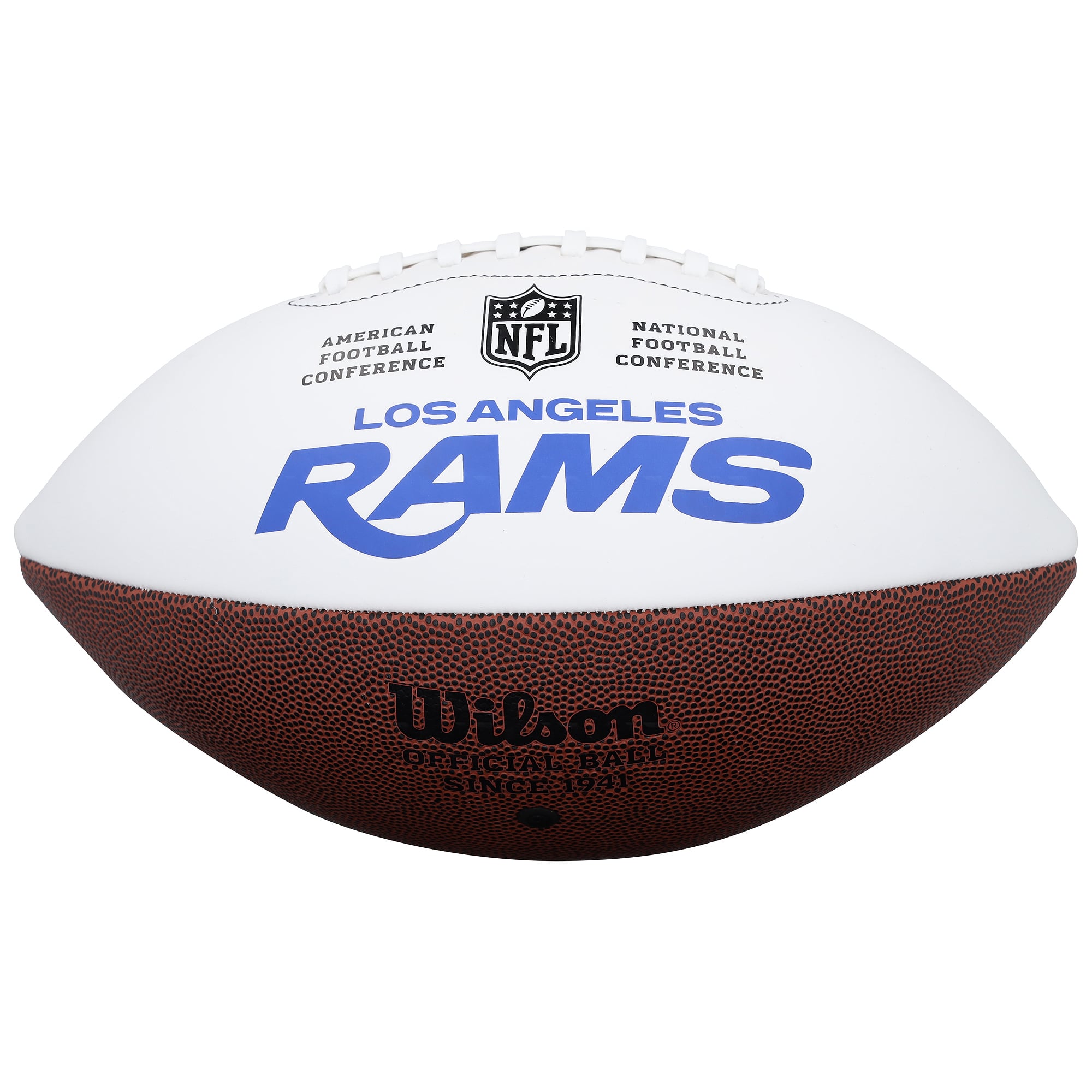 Ballon de football Wilson à panneau blanc autographié par Isaac Bruce, joueur des Rams de Los Angeles.