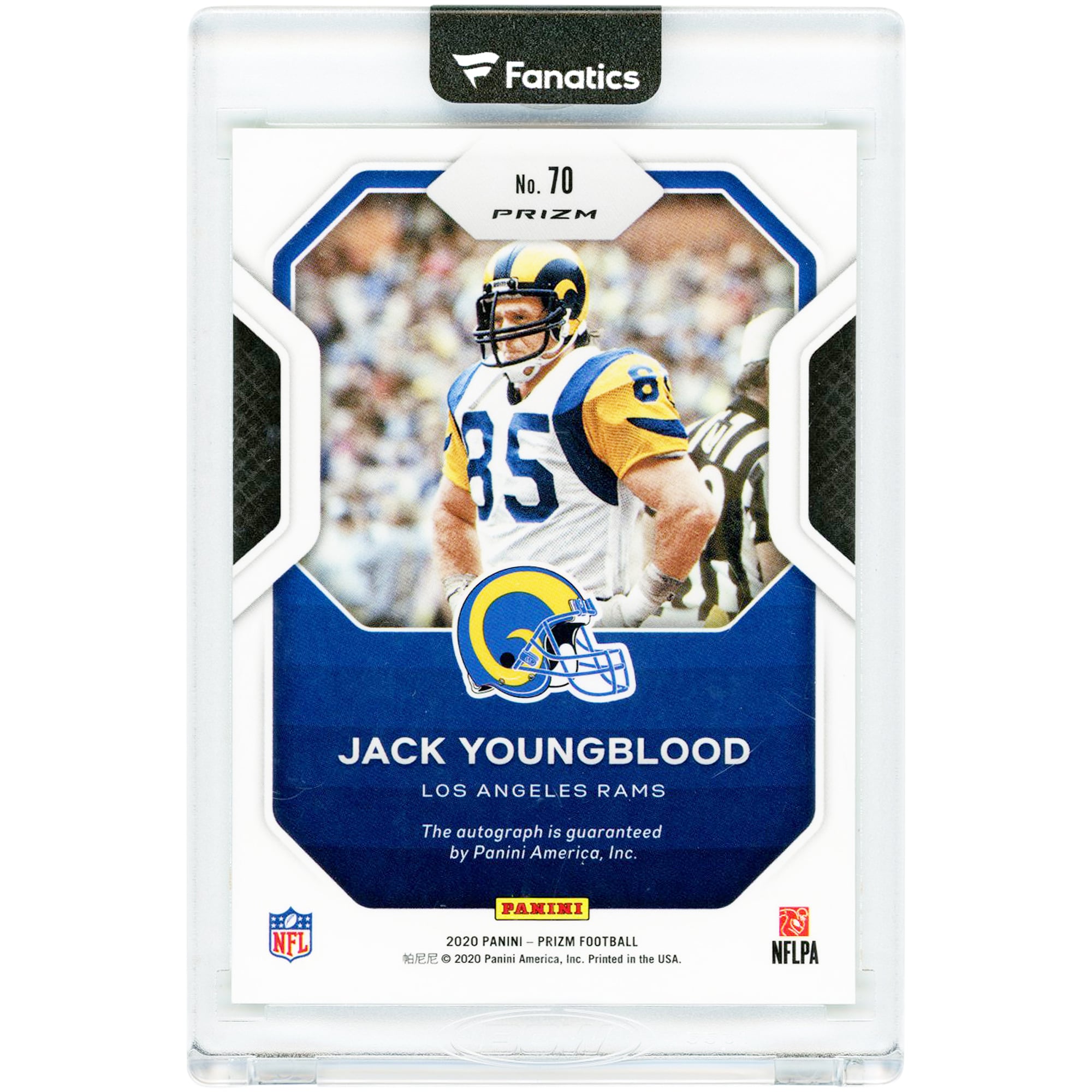 Carte autographiée Jack Youngblood des Rams de Los Angeles, collection Panini Prizm Sensational Signatures 2020, Neon Green Pulsar n° 70
