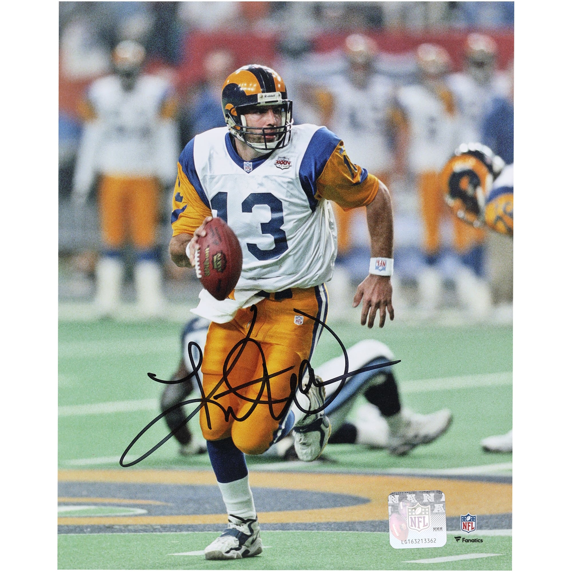 Photo dépliable 8" x 10" de Kurt Warner, joueur des Rams de Los Angeles, lors du Super Bowl XXXIV, autographiée