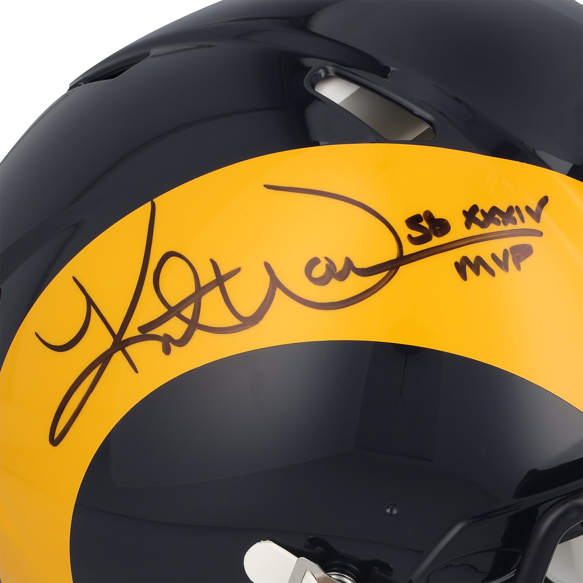 Casque Riddell Speed ​​Authentic rétro 1981-1999 autographié par Kurt Warner des Rams de Los Angeles avec inscription « SB XXXIV MVP ».