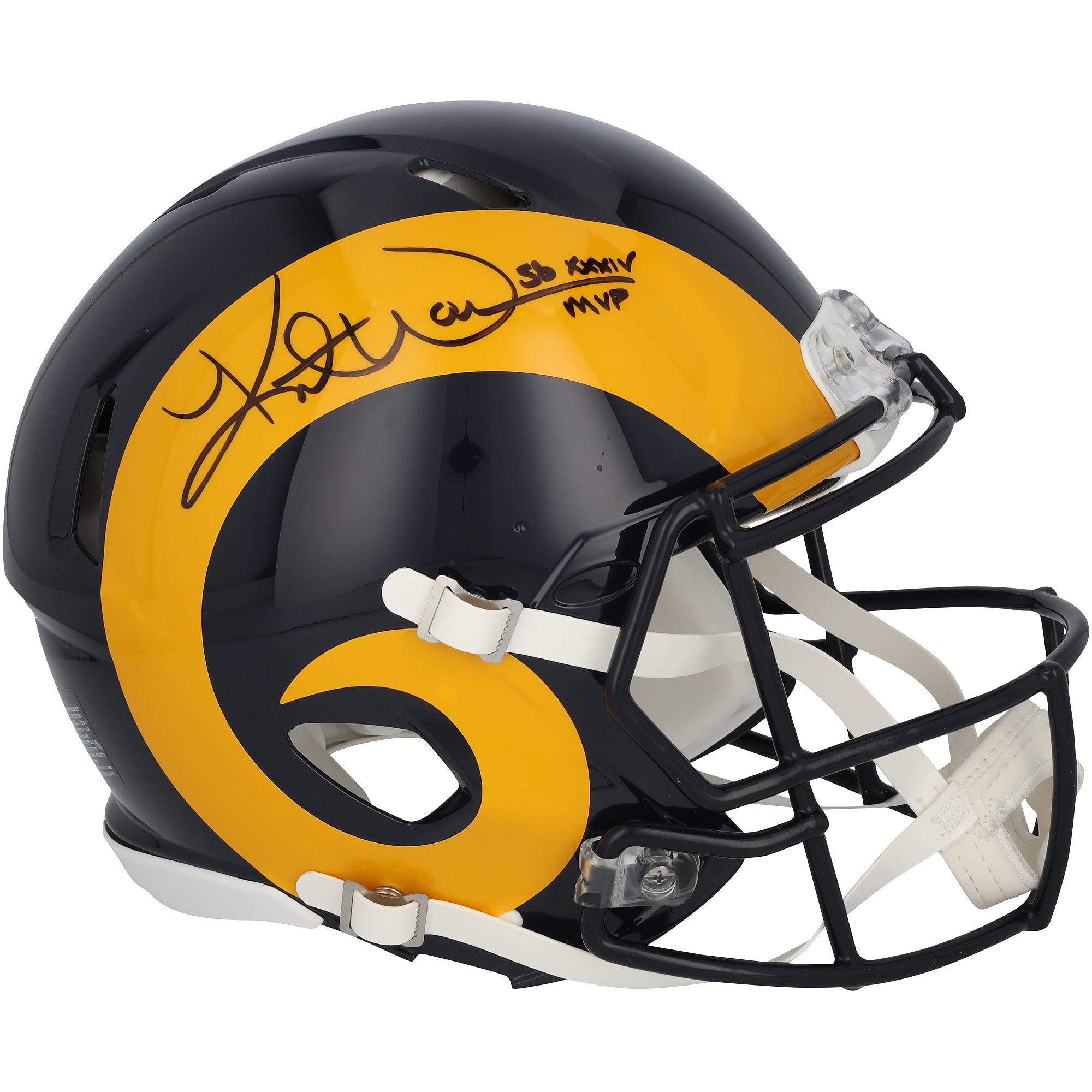 Casque Riddell Speed ​​Authentic rétro 1981-1999 autographié par Kurt Warner des Rams de Los Angeles avec inscription « SB XXXIV MVP ».