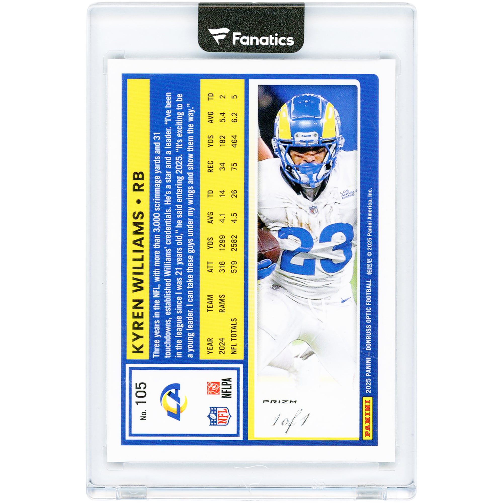 Kyren Williams Los Angeles Rams 2025 Panini Donruss Optic Black Prizm #105 #1/1 Card