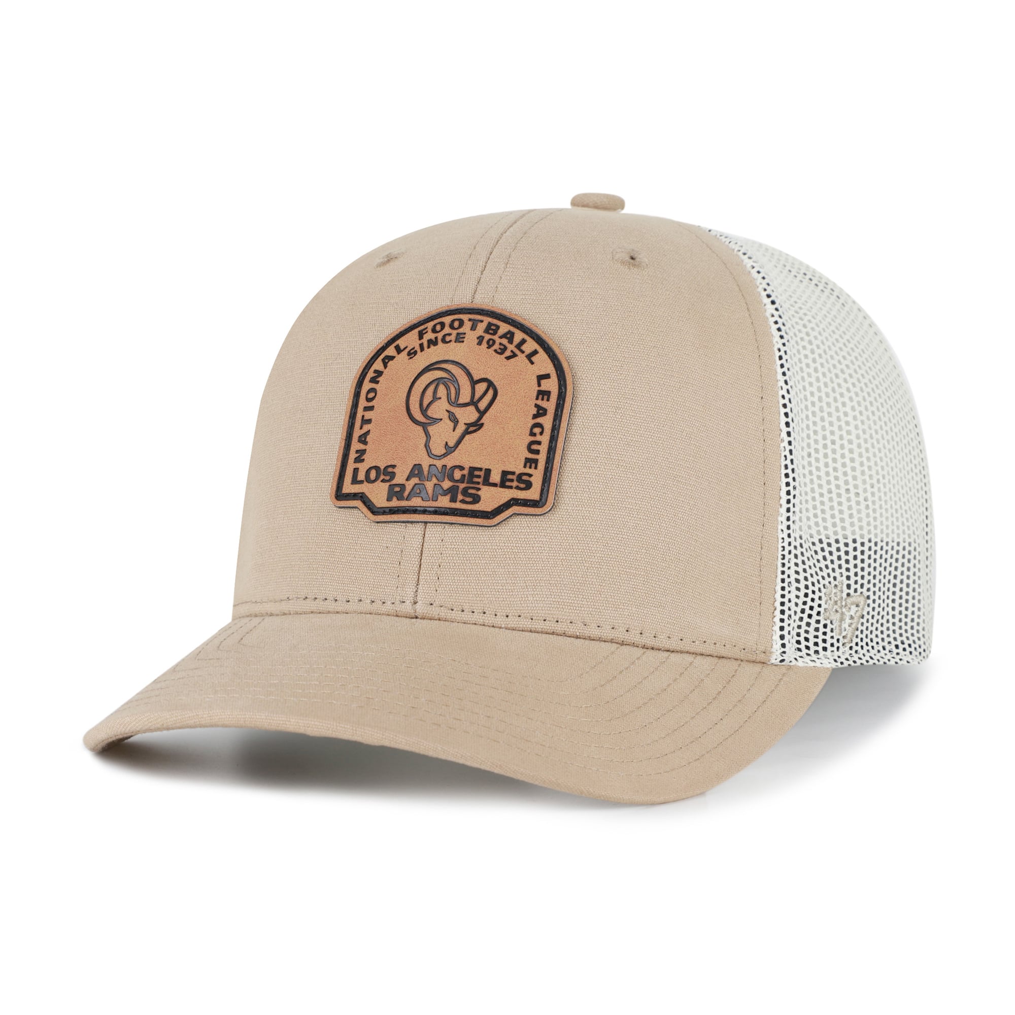 Casquette trucker ajustable en cuir kaki Los Angeles Rams « 47 » pour homme