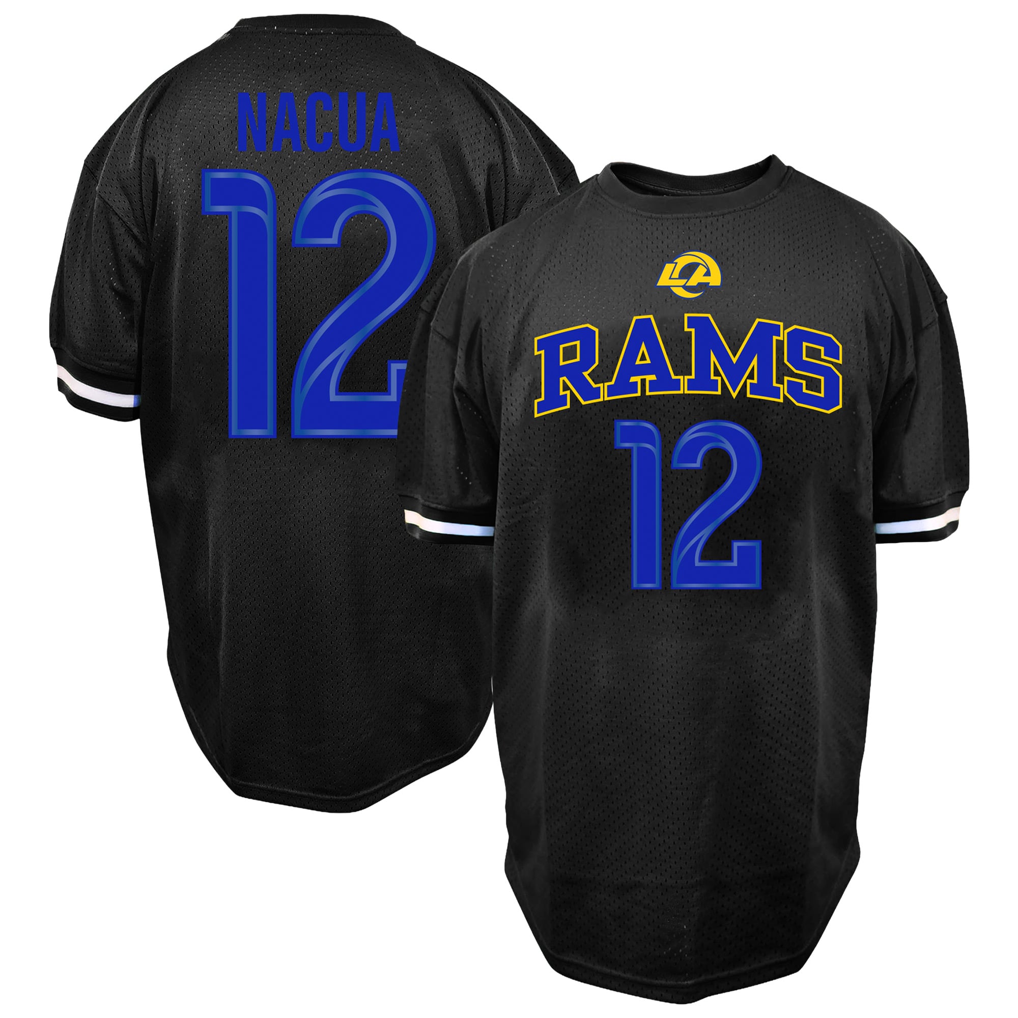 T-shirt Fanatics Puka Nacua noir pour homme, Los Angeles Rams, grandes tailles, en maille, avec nom et numéro.