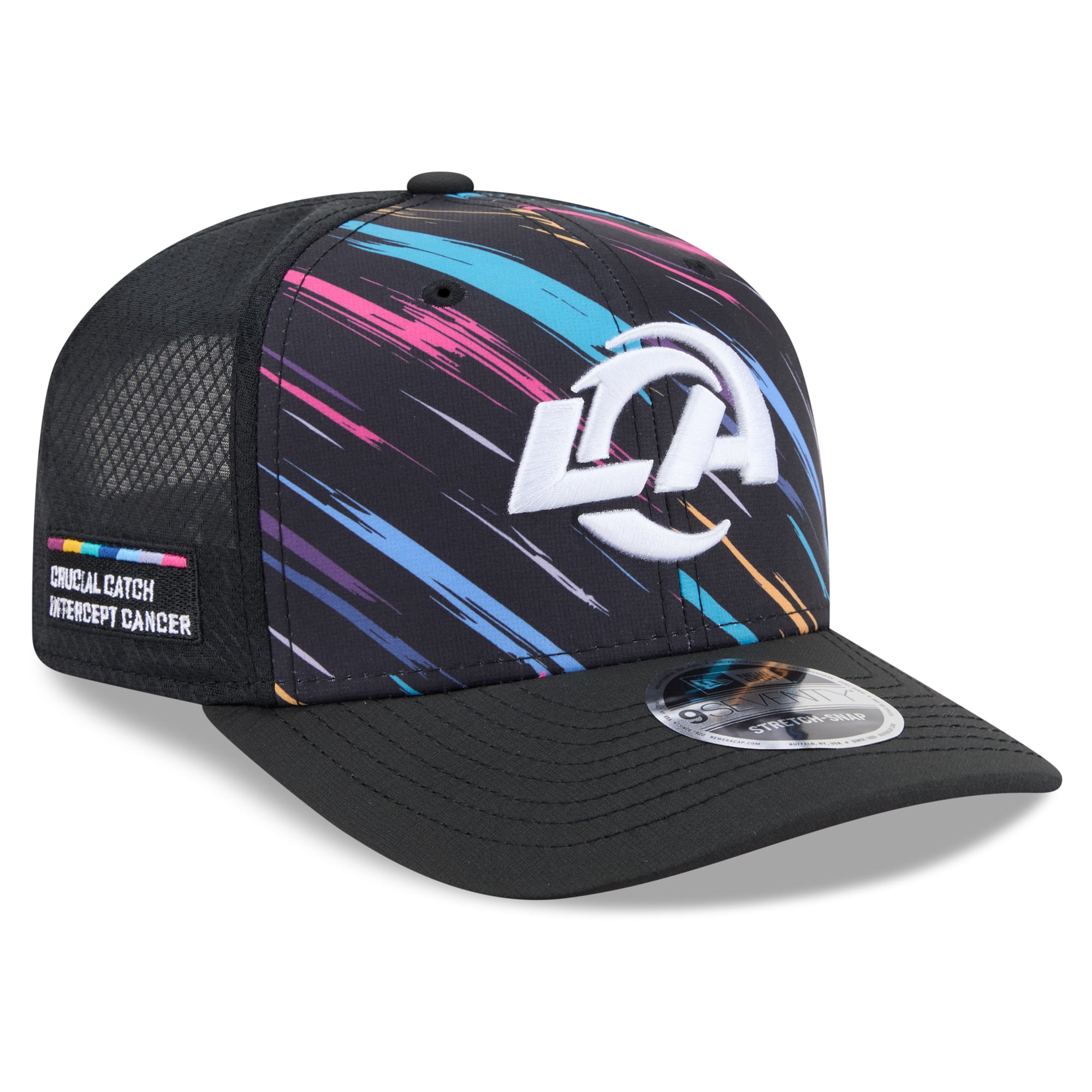 Men's New Era Black Los Angeles Rams 2026 NFL Crucial Catch 9SEVENTY Adjustable Trucker Hat