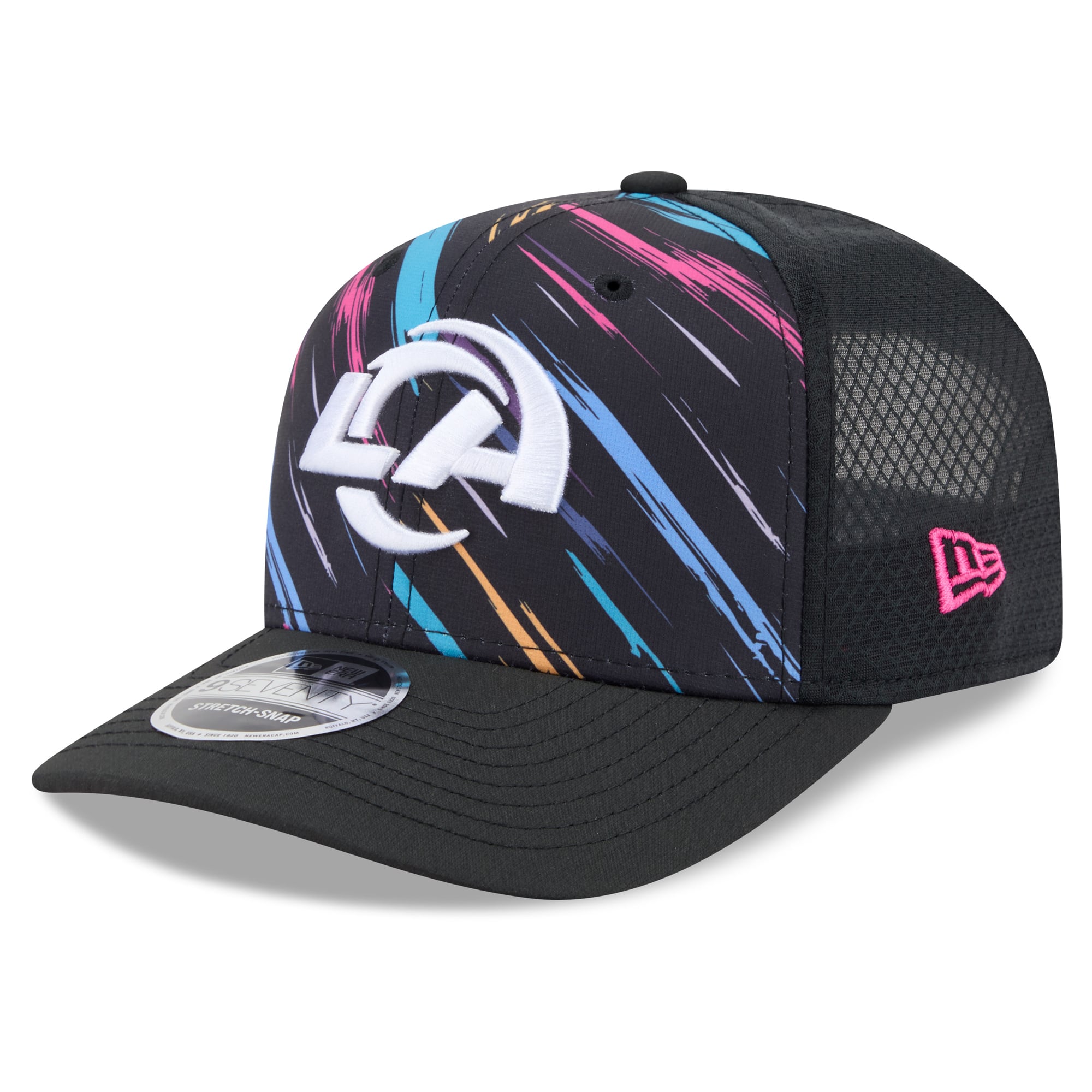 Men's New Era Black Los Angeles Rams 2026 NFL Crucial Catch 9SEVENTY Adjustable Trucker Hat