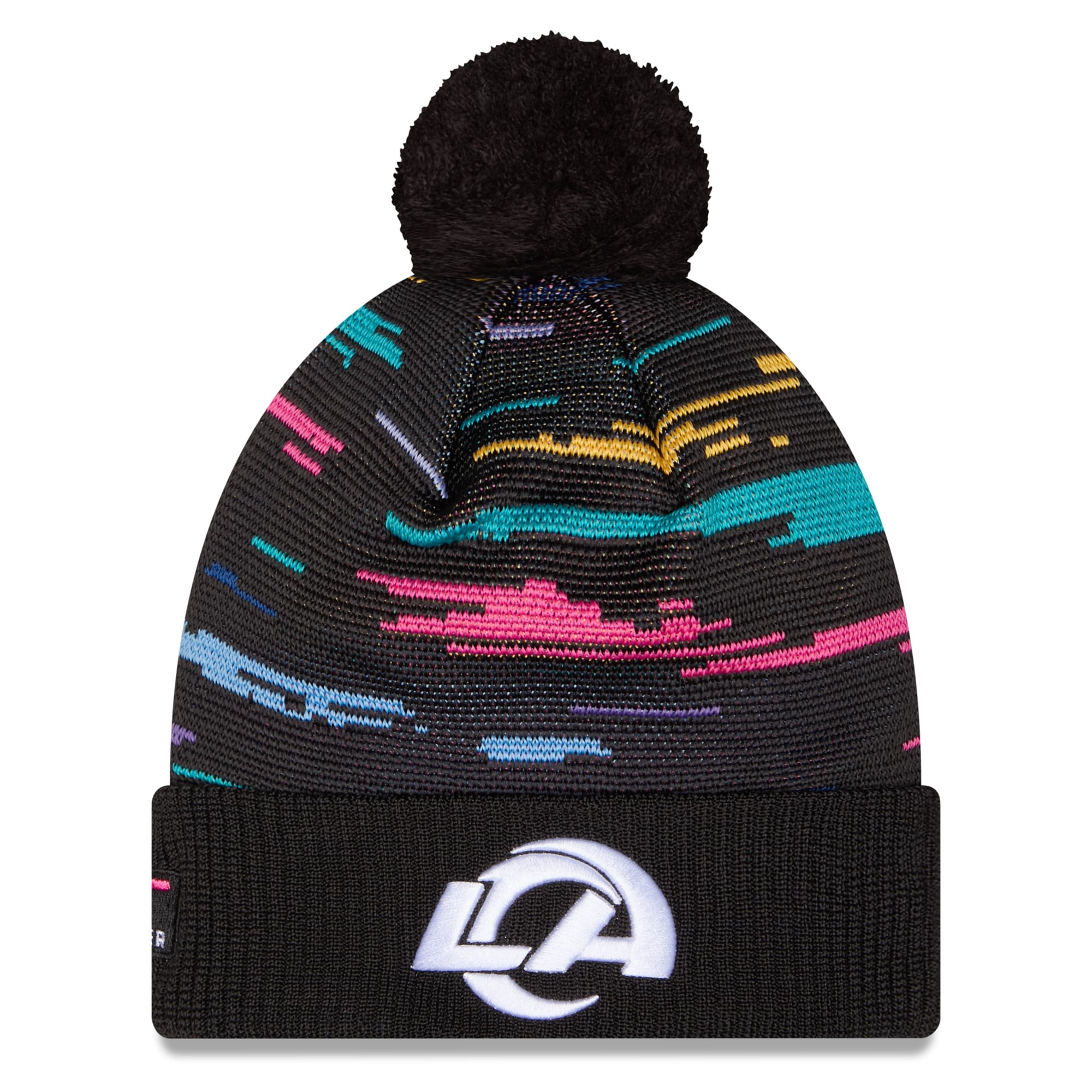 Bonnet à revers noir New Era Los Angeles Rams 2026 NFL Crucial Catch pour homme avec pompon