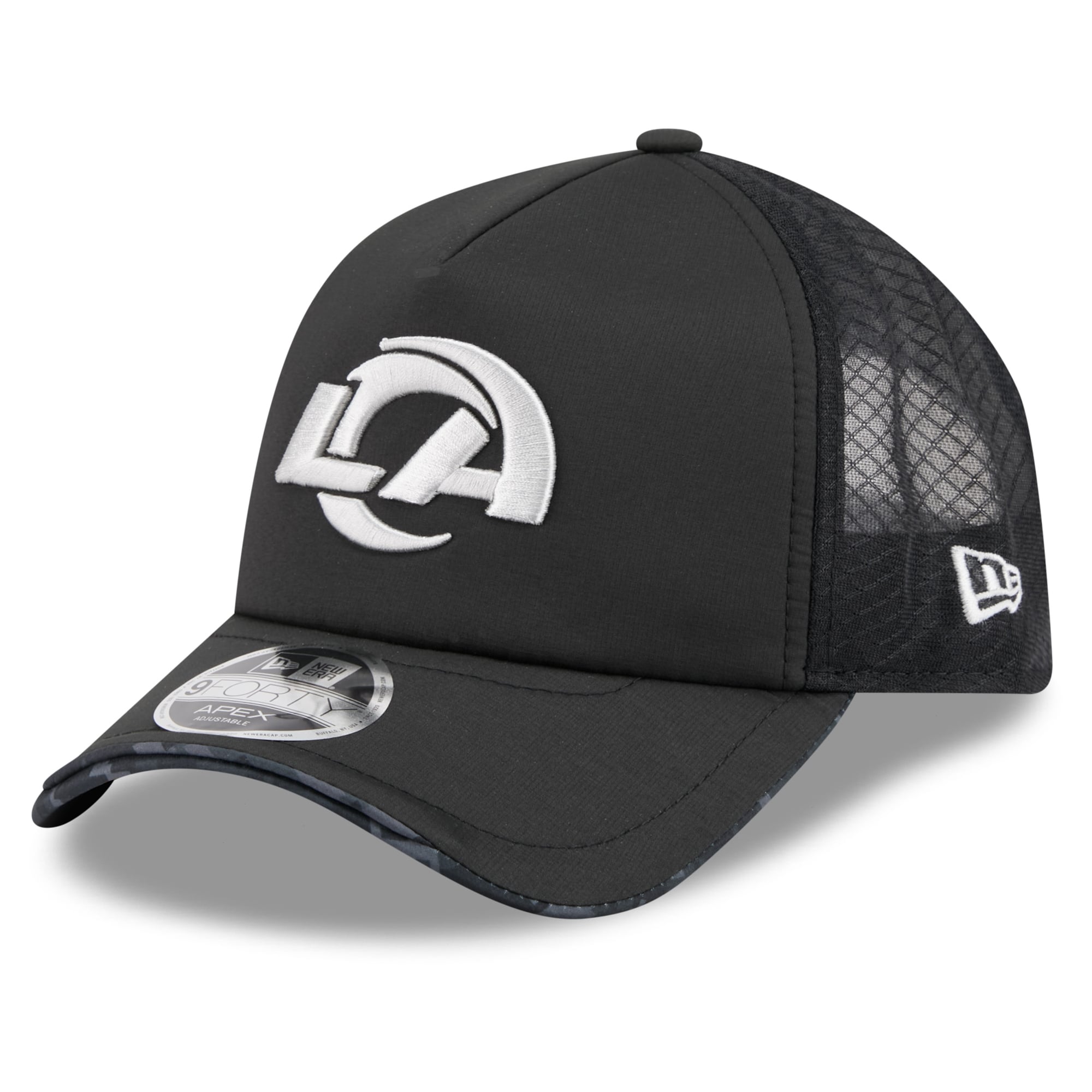 Men's New Era Black Los Angeles Rams 2026 Salute To Service Apex 9FORTY Adjustable Trucker Hat