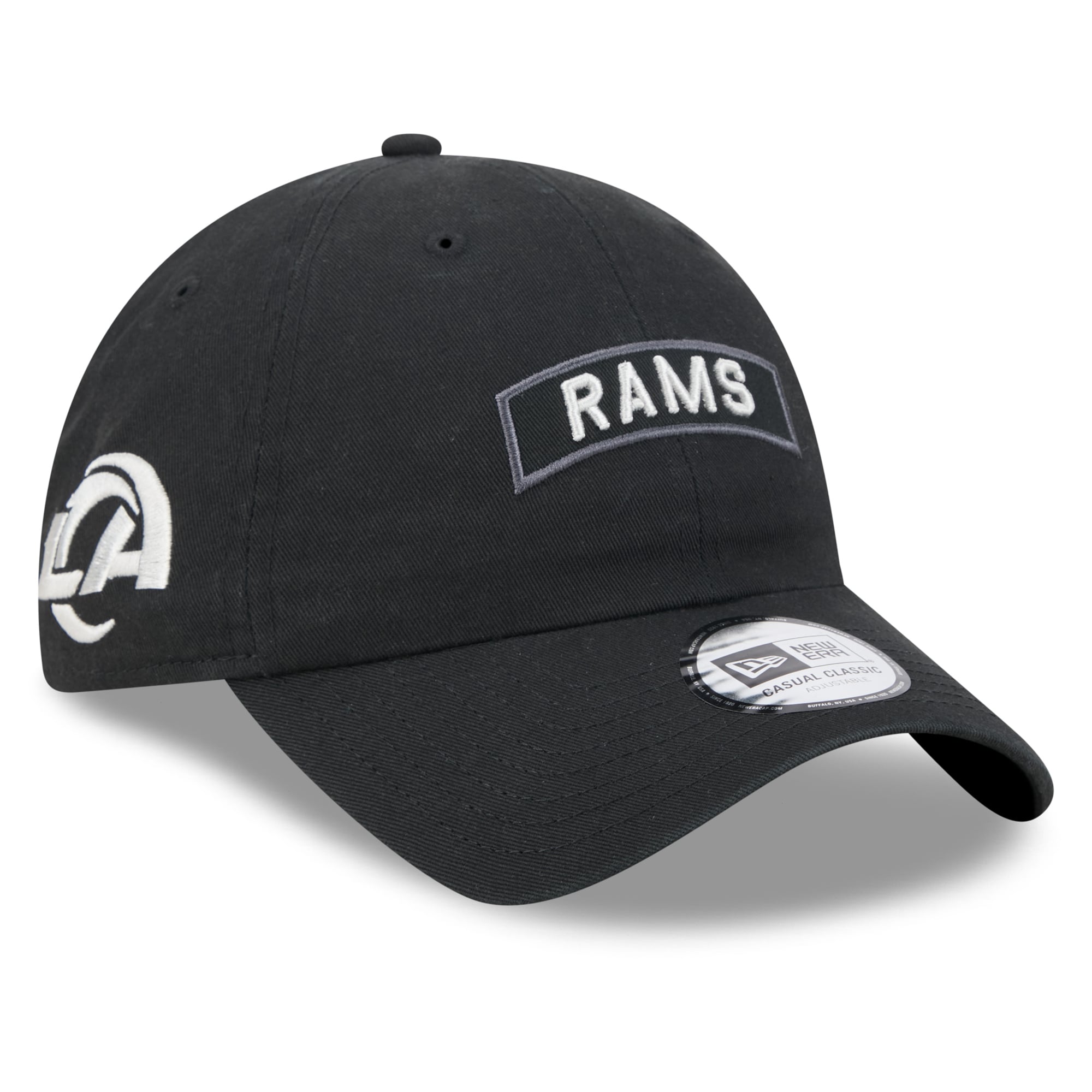 Casquette New Era noire pour homme Los Angeles Rams 2026 Salute To Service, style classique décontracté et ajustable