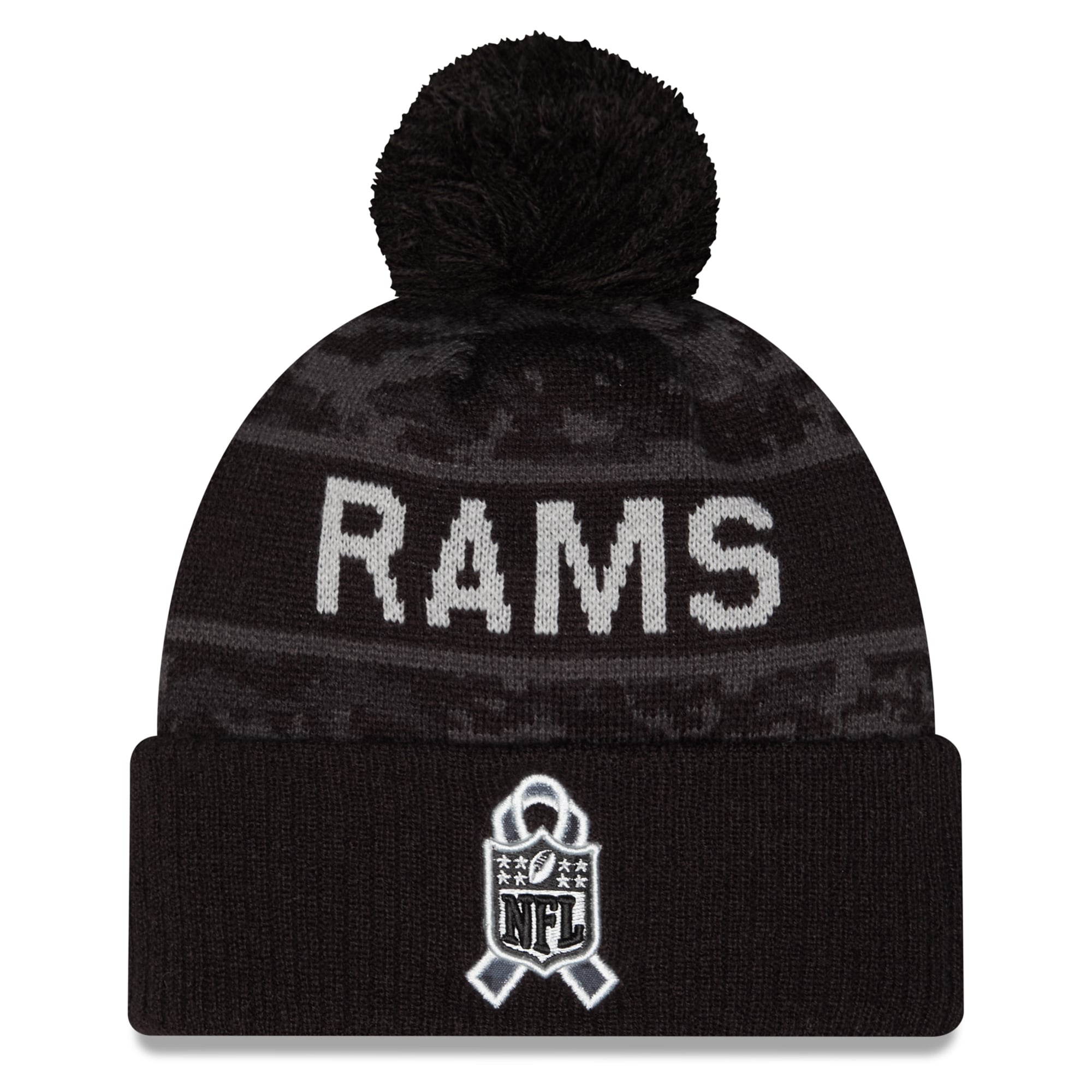 Men's New Era Black Los Angeles Rams 2026 Salute To Service Cuffed Knit Hat with Pom