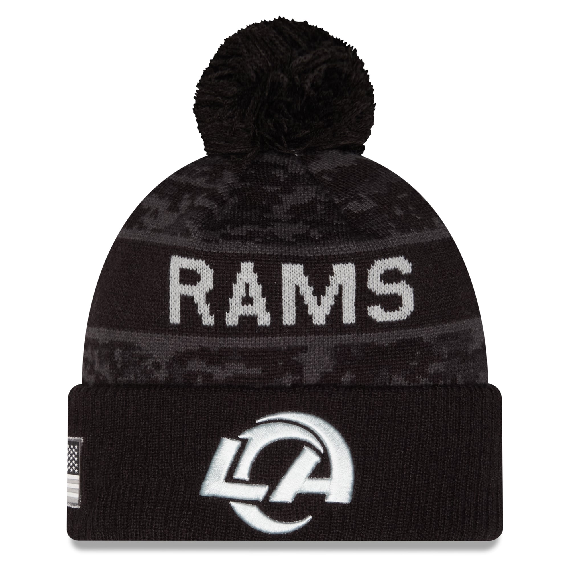 Men's New Era Black Los Angeles Rams 2026 Salute To Service Cuffed Knit Hat with Pom