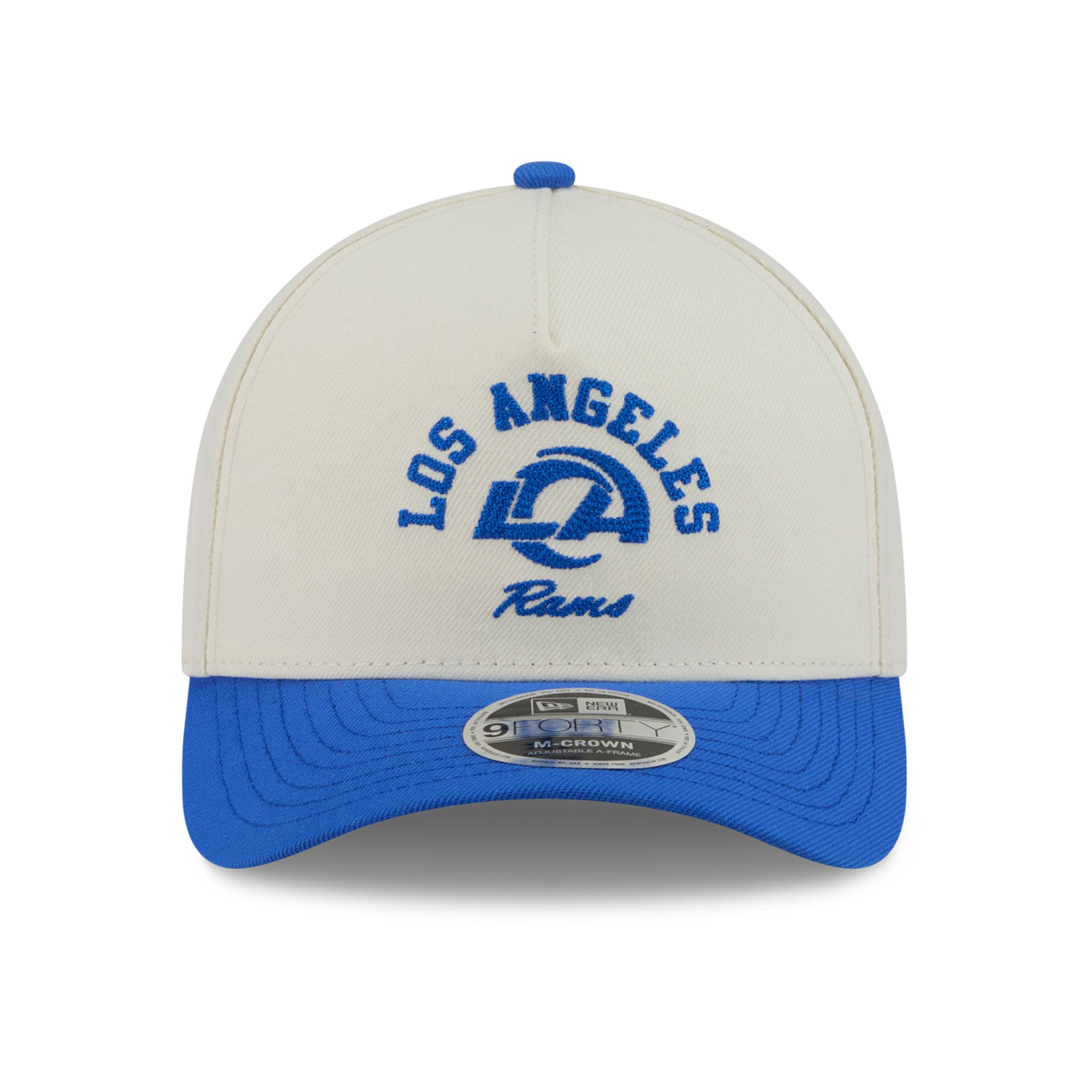 Casquette ajustable New Era Arch 9FORTY A-Frame M-Crown pour homme, couleur crème/bleu royal, Los Angeles Rams