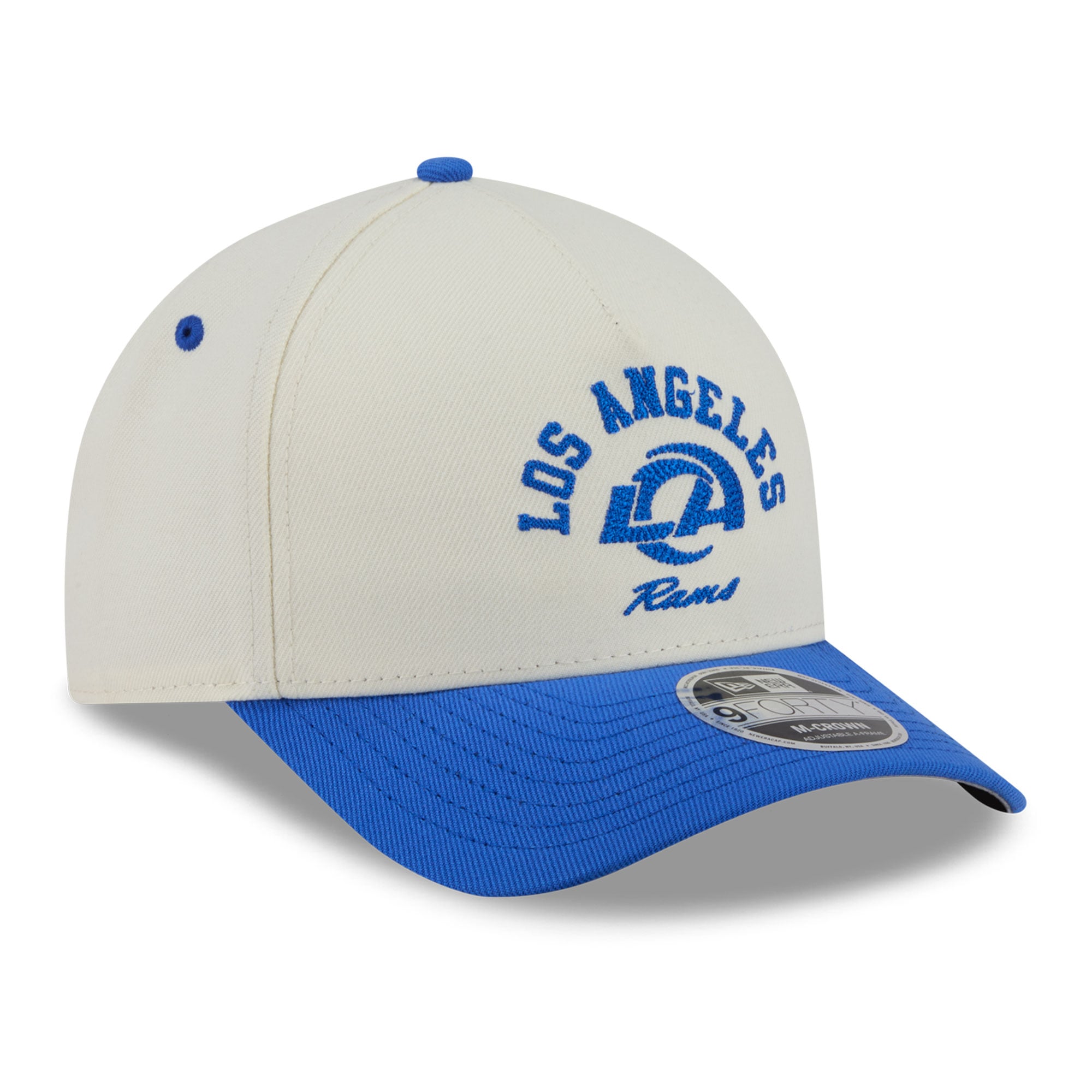 Casquette ajustable New Era Arch 9FORTY A-Frame M-Crown pour homme, couleur crème/bleu royal, Los Angeles Rams