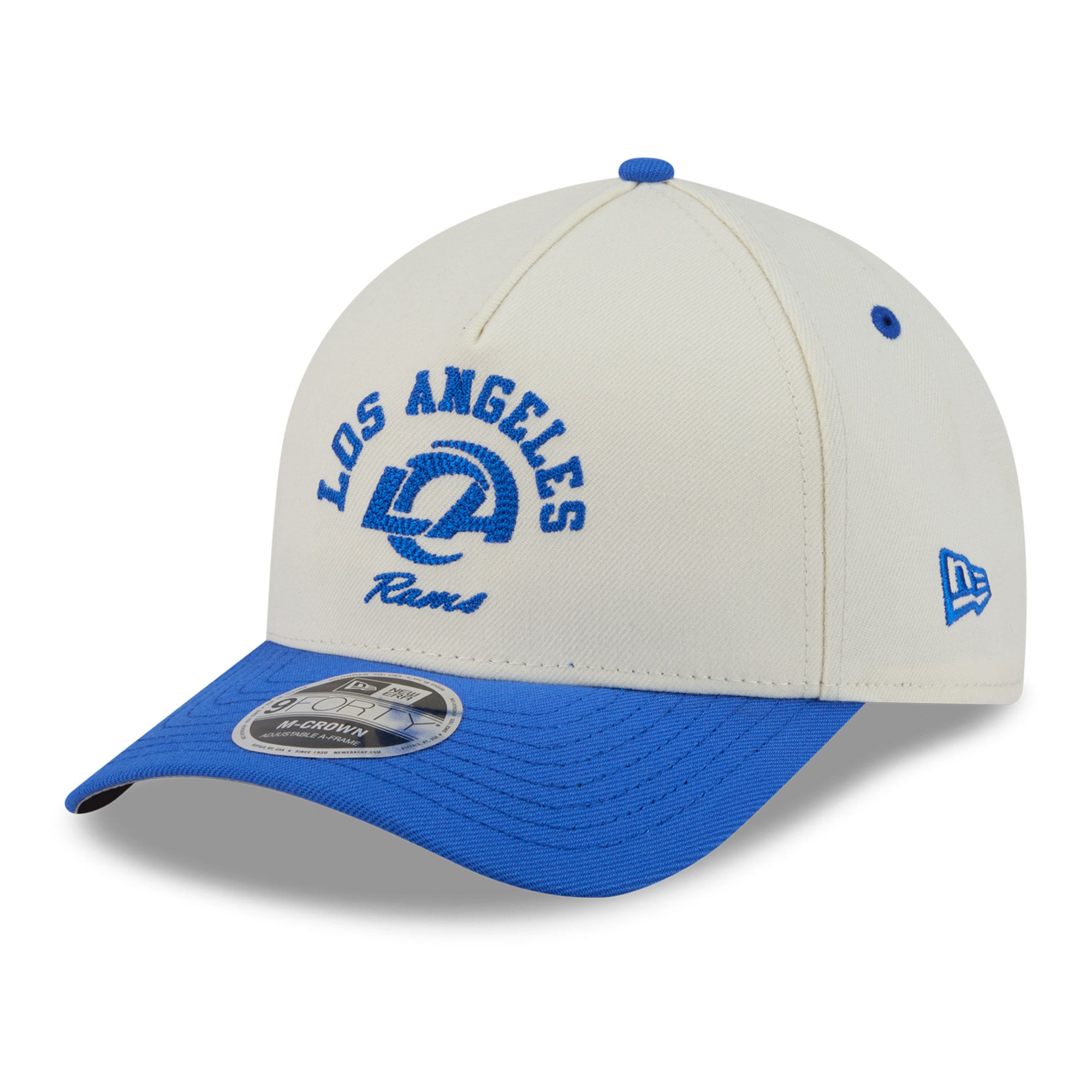 Casquette ajustable New Era Arch 9FORTY A-Frame M-Crown pour homme, couleur crème/bleu royal, Los Angeles Rams